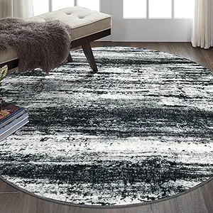 KOZYFLY Circle Rug 6Ft Modern Abstract Ombre Area Rug for Bedroom, Washable Round Rug Non-Slip Soft Striped Living Room Circle Rug, Black Navy Blue Grey Carpet for Laundry Nursery