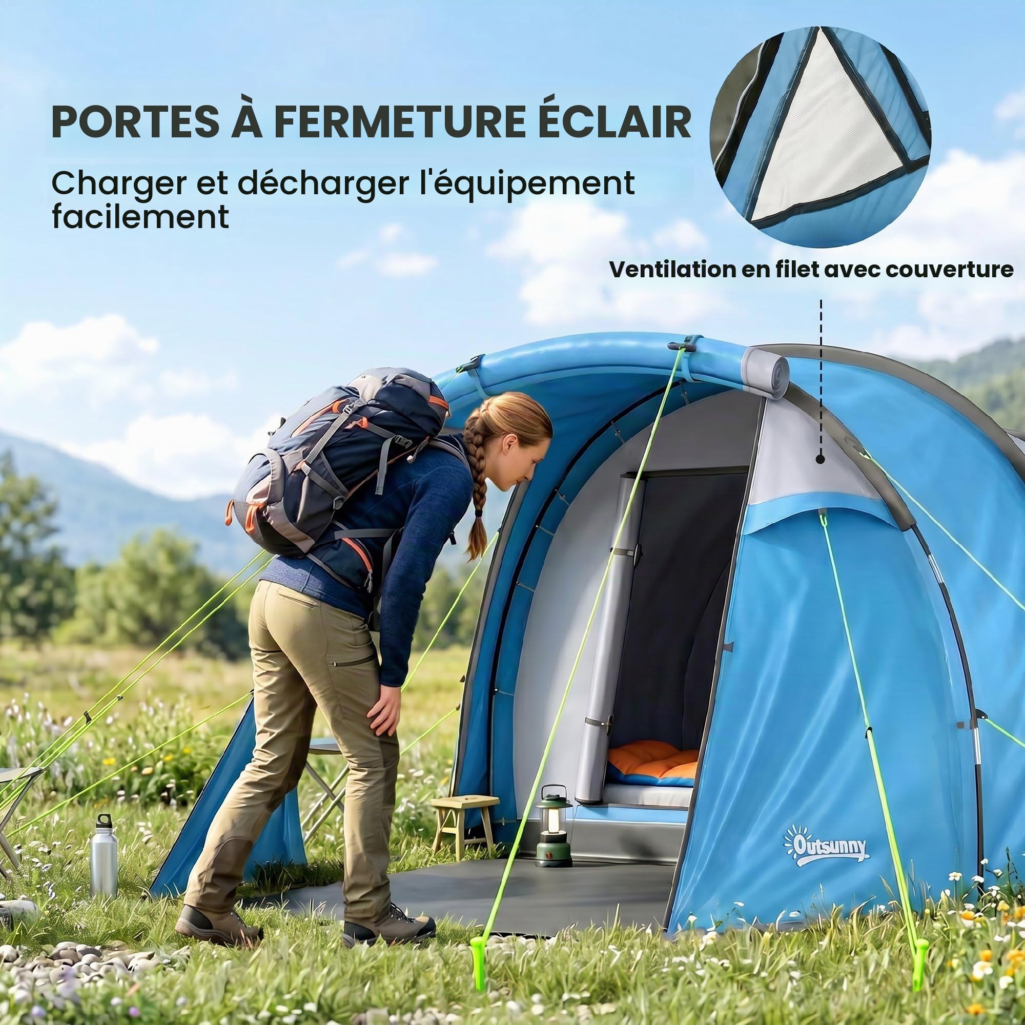Outsunny Tunnelzelt für 2-3 Personen, Campingzelt mit Vorraum Lampenhaken 2000mm Wassersäule, Wasserdicht Familienzelt, Gruppenzelt für Camping Reise Trekking Garten