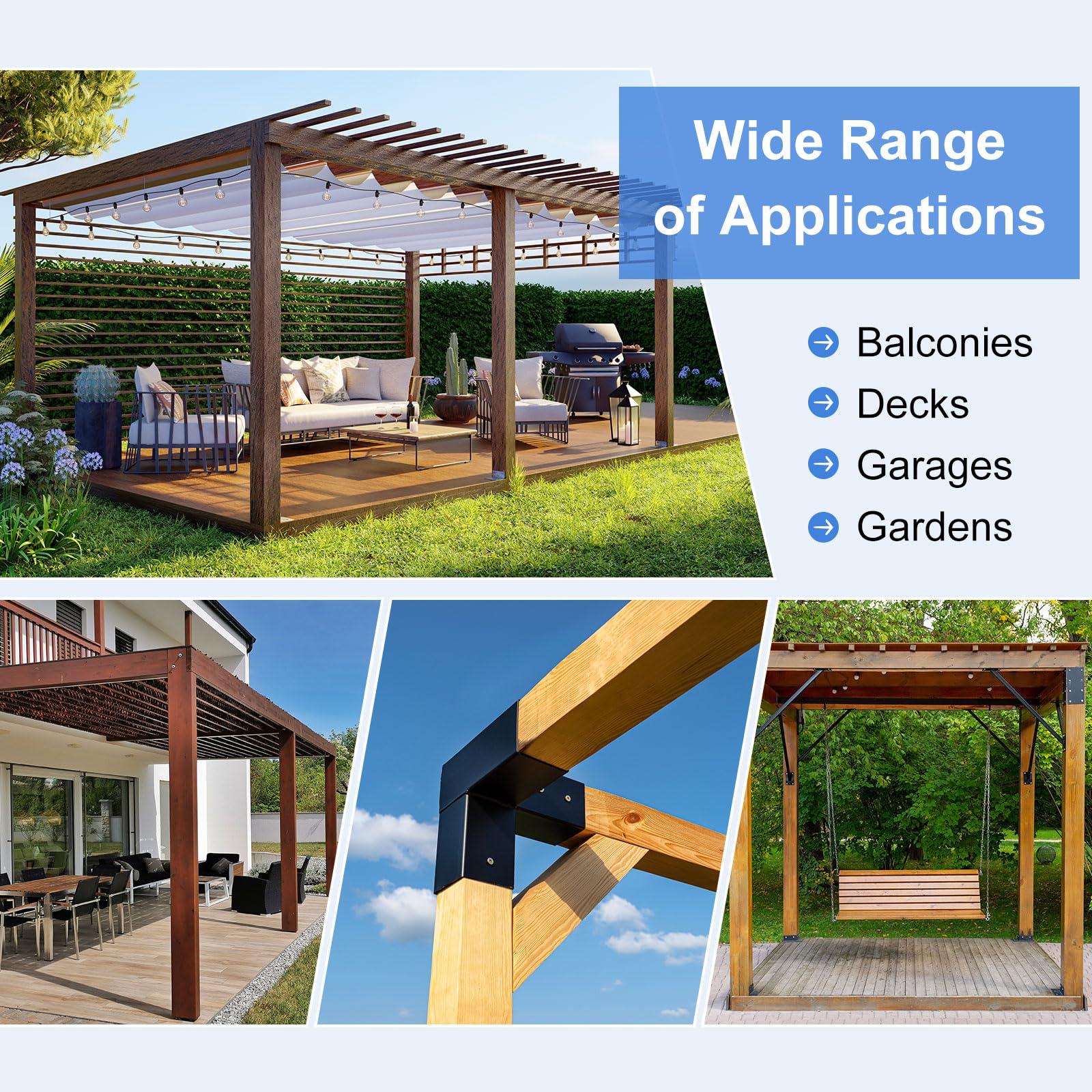 QUARKZMAN 4-Wege Pavillon Winkelverbinder Kit Rechtwinklige Eckhalterung Holzbau DIY Pfostenbasis Kit Für 2.4" x 2.4" Bauholz Für Outdoor Terrasse Pavillon Blockhütten (8 Stück)