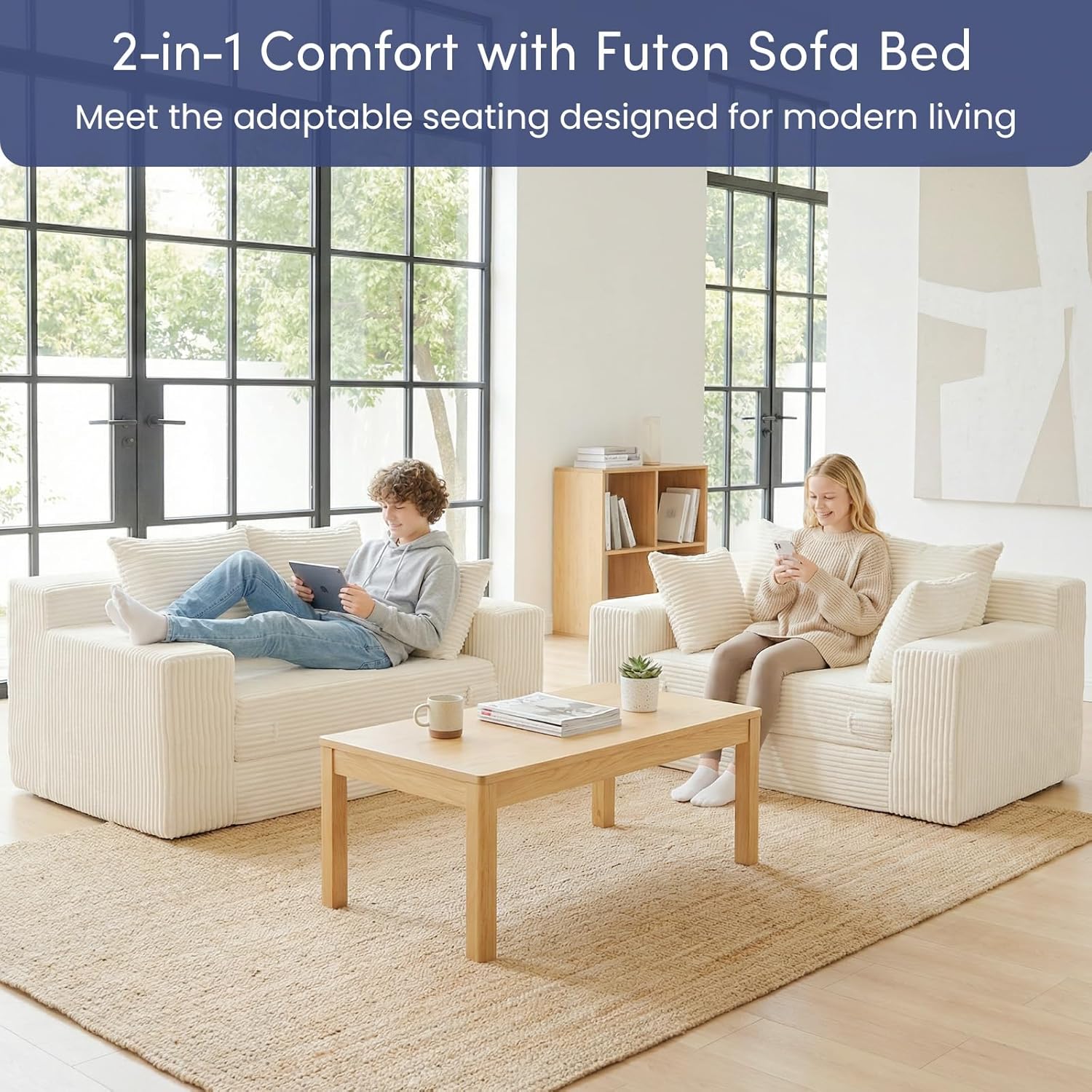 Convertible Sofa Bed, Boneless Couch 2 in 1 Loveseat Folding Couch Bed Foldable, Boneless Chair Bed & Futon Sleeper Sofa, Small Couch Corduroy Pull Out Sofa with 4 Pillows for Living Room, Beige | Breathable material, No Assembly, Convertible, 2 in 1, Pull Out Handle