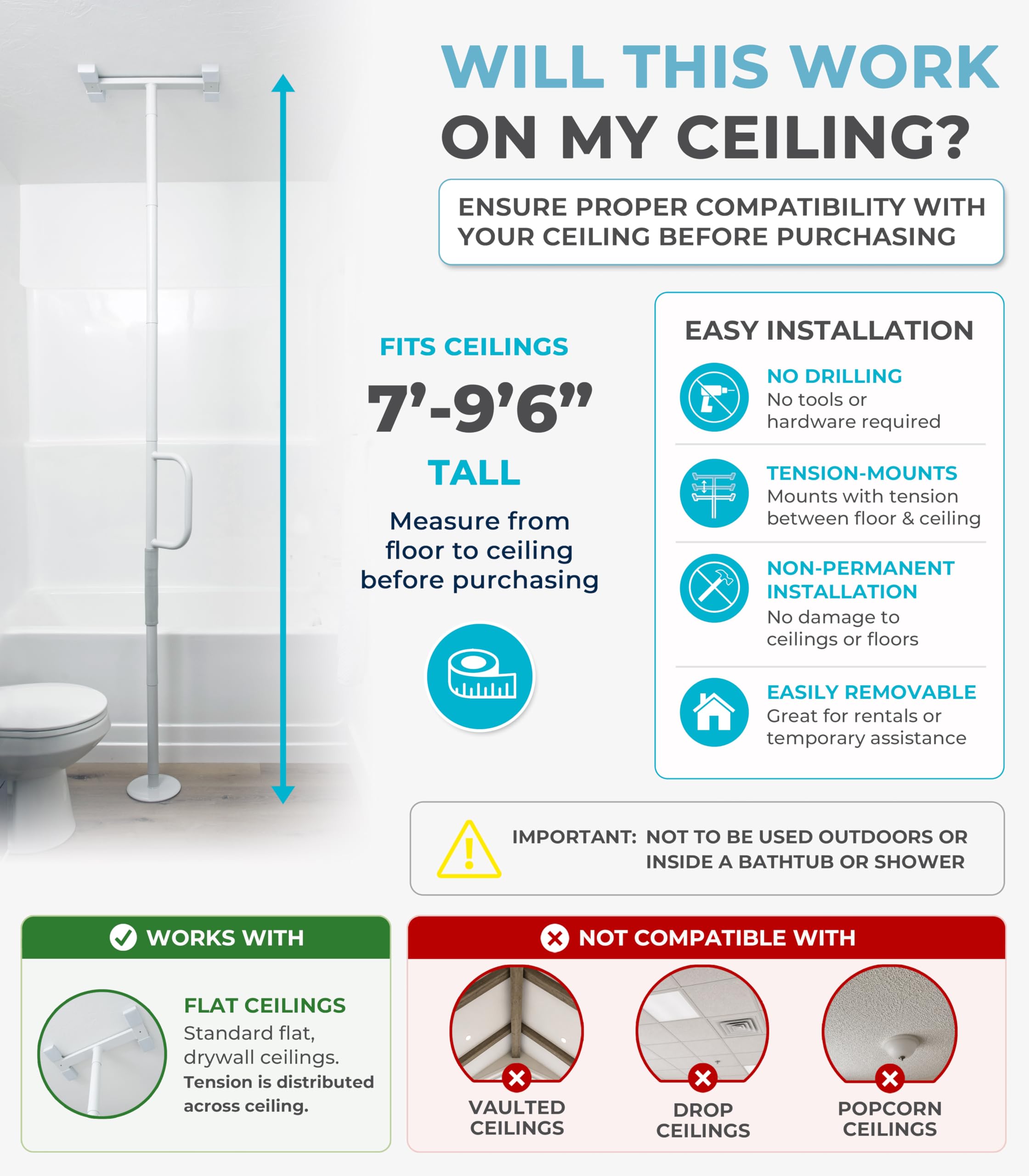 Able Life Universal Floor to Ceiling Grab Bar, Barra de Asistencia para Personas Mayores, Barra de Apoyo Baño, Barra Banera Seguridad, Asidero Baño