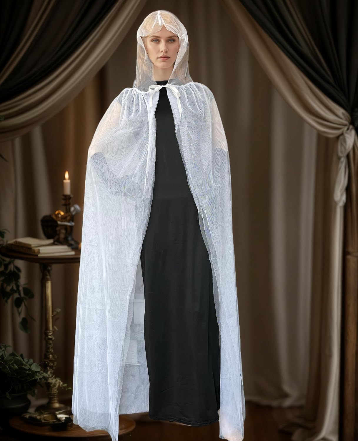 Womens Hooded Cloak Gothic Witch Sheer Cape for Halloween Vampire Ghost Cosplay Costume Cloak