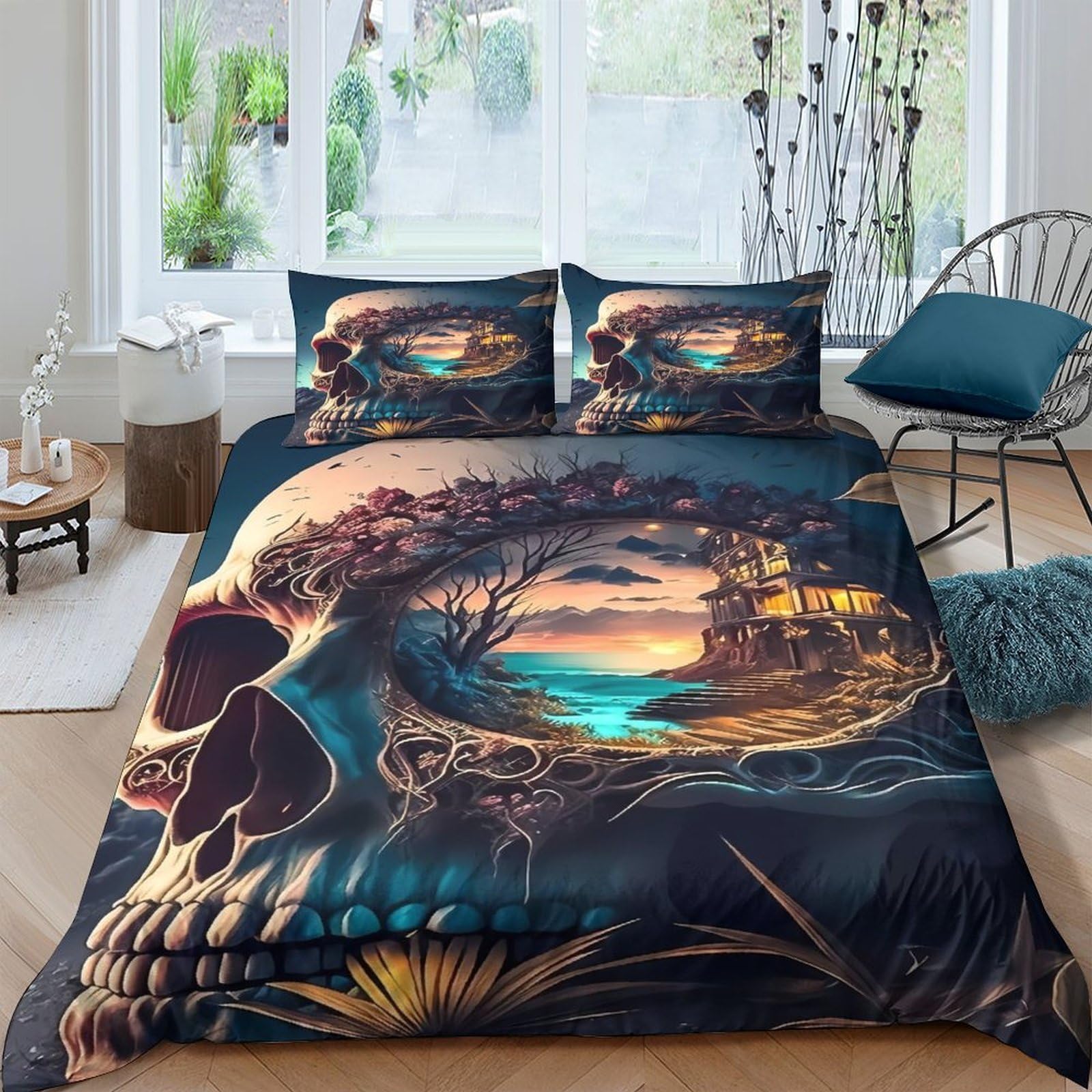 Ctjqhvkz Style-8 3D Printed Skull Sunset Fitted Sheet Microfiber Soft Artistic Landscape Bed Cover For Bedroom Dorm Decor Single（135X200cm）