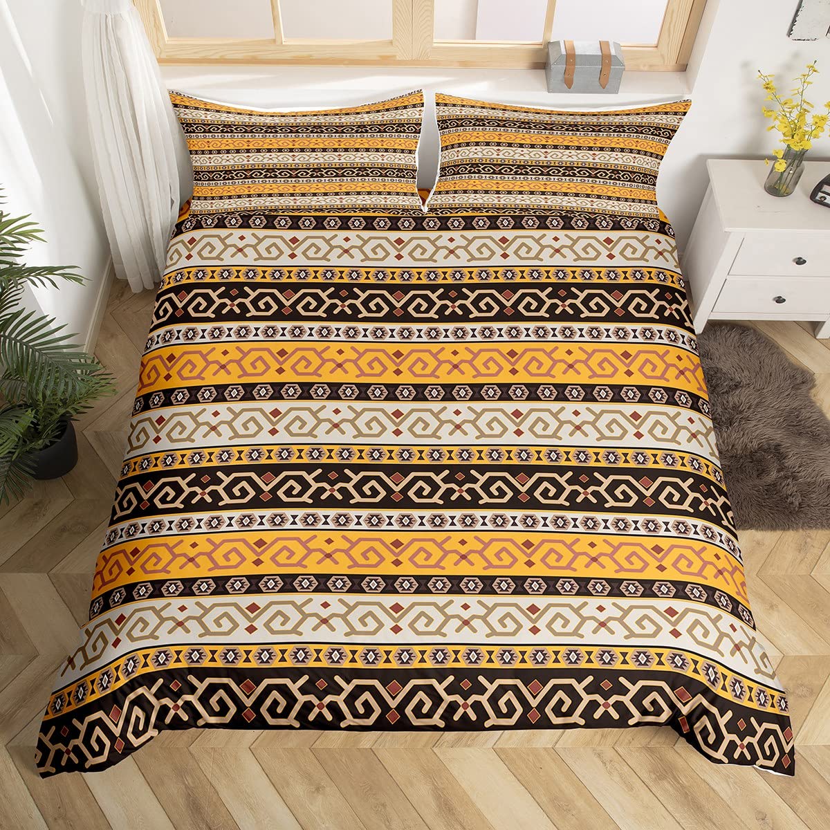 Parure de lit aztèque enfant jaune marron pour remplacer le linge de lit terne et fragile