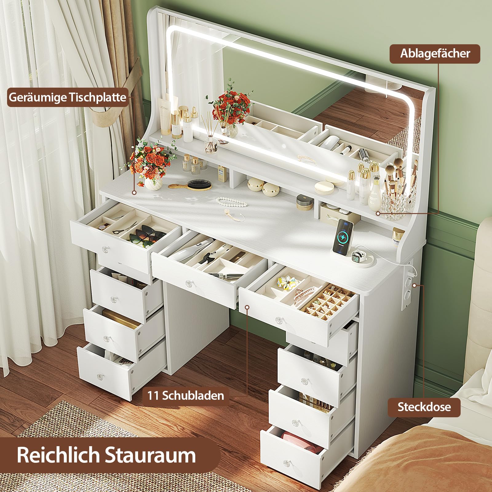 Dripex Coiffeuse avec éclairage, Coiffeuse Moderne avec 11 tiroirs, Grand Miroir LED de 110 cm et Prise électrique, luminosité réglable, pour Chambre à Coucher et Dressing, Blanc