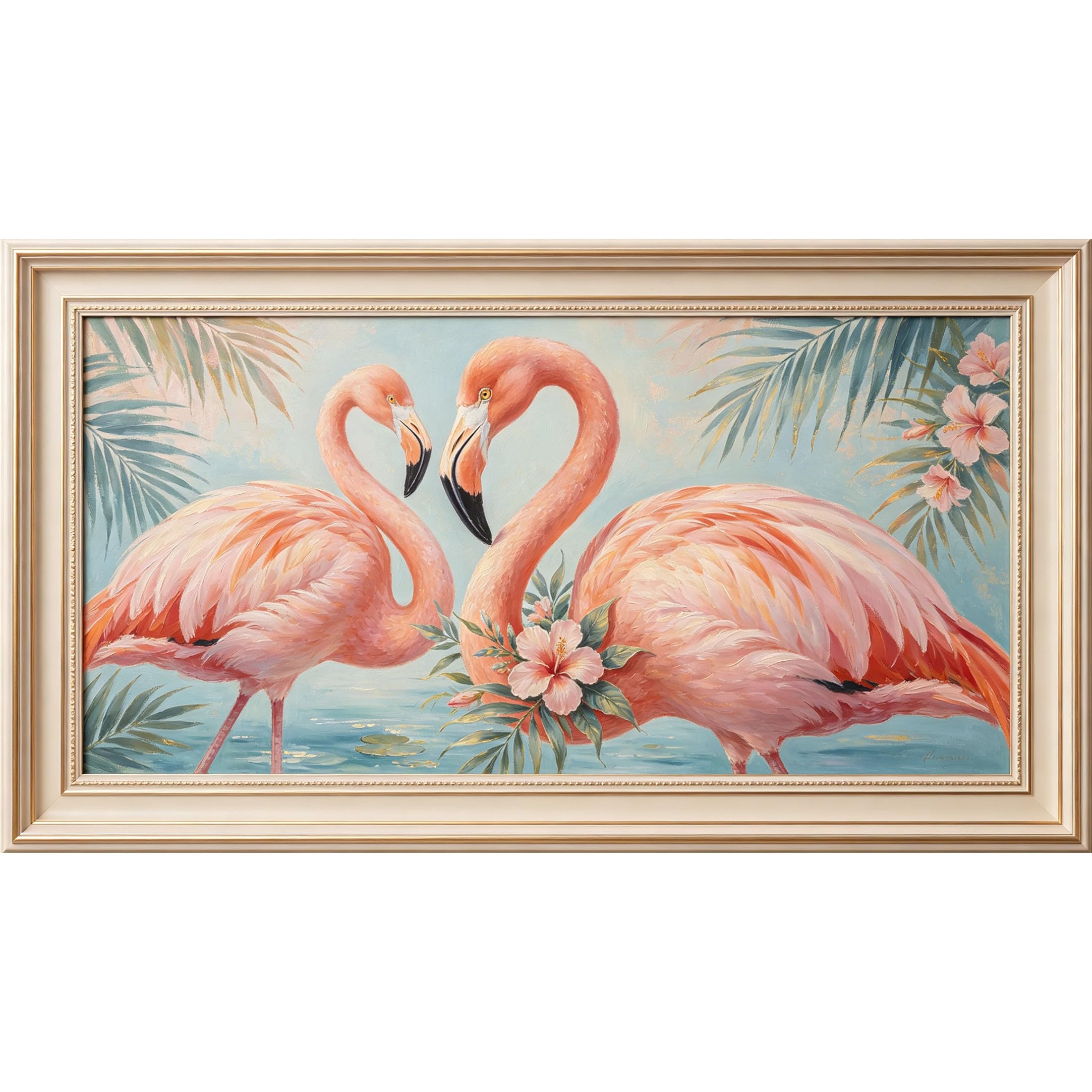 QZLITHOTIC 50x90cm3D Framed Wall Art， Tropical Flamingo Pair Botanical Self‑Adhesive Mural， Water‑Activated Peel & Stick Fabric Decor Wall Decal for Bedroom Living Room