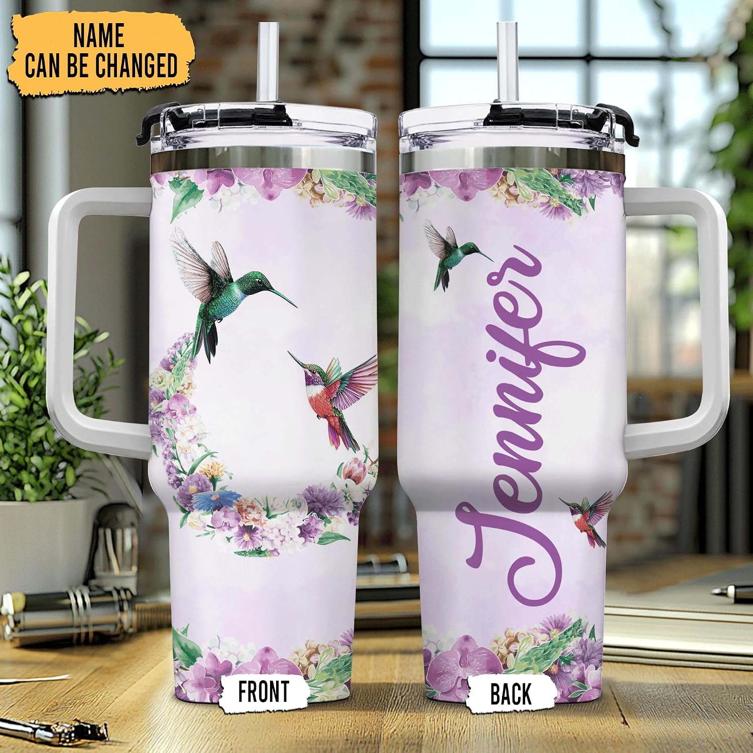 Hyturtle Personalized Hummingbird 40oz Tumbler with Handle and Straw Gifts for Hummingbird Lovers, Animal Gifts For Women on Birthday Mothers Day Custom Insulated Stainless Steel Travel Cup With Lid