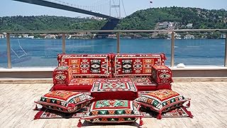 Red Single Floor Sofa, Arabic Majlis Set, Floor Sofa Set, Ethnic Sofa, Arabic Jalsa, Moroccan Sofa, Sectional Sofa with Ottoman, Sofa Covers (Sofa + Ottoman + Pillows, 8'' Thickness (20 cm))