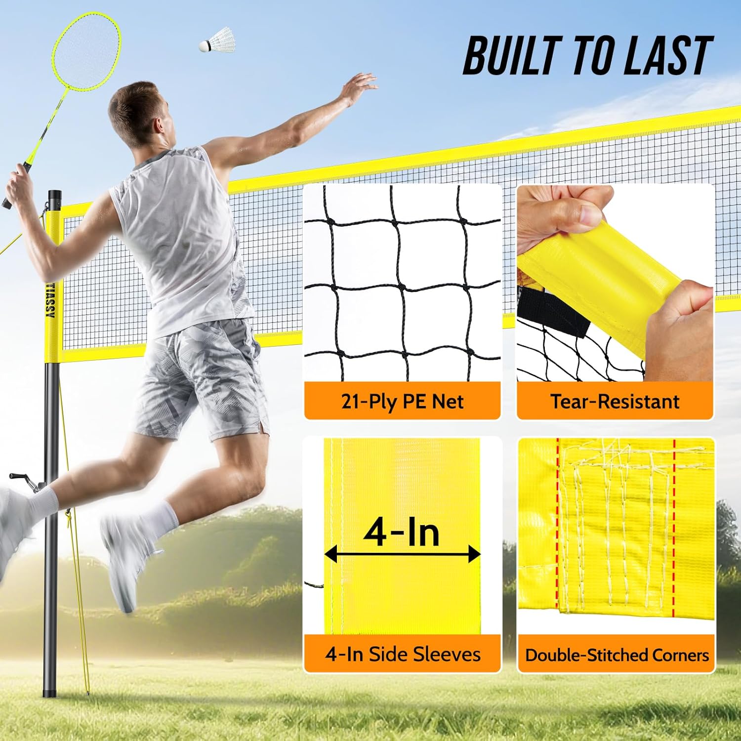 Volleyball Badminton Net Set Combo for Backyard Beach, 2-in-1 Adjustable Net with 4 Heights (5.1–8FT) & 3 Widths (20–32FT), 4 Aluminum Rackets, Goose Feather Shuttlecocks, Volleyball & Carrying Bag