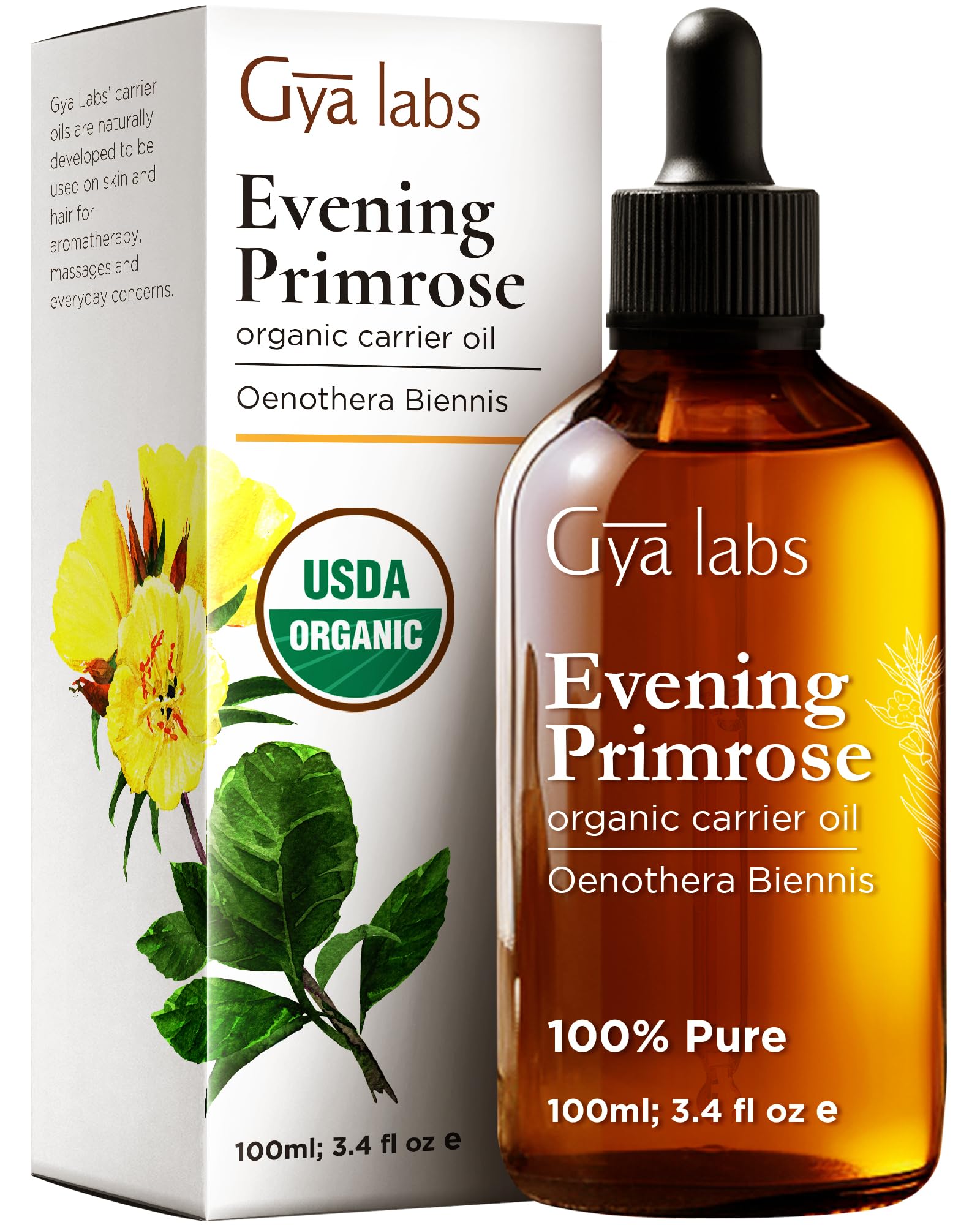 Gya LabsOrganic Evening Primrose Oil for Dry Skin - 100% Pure & Natural Evening Primrose Oil Liquid for Hair Growth - Cold Pressed Moisturizing Evening Primrose Oil Organic for Face (100ml)USDA OrganicClimatePartner certified