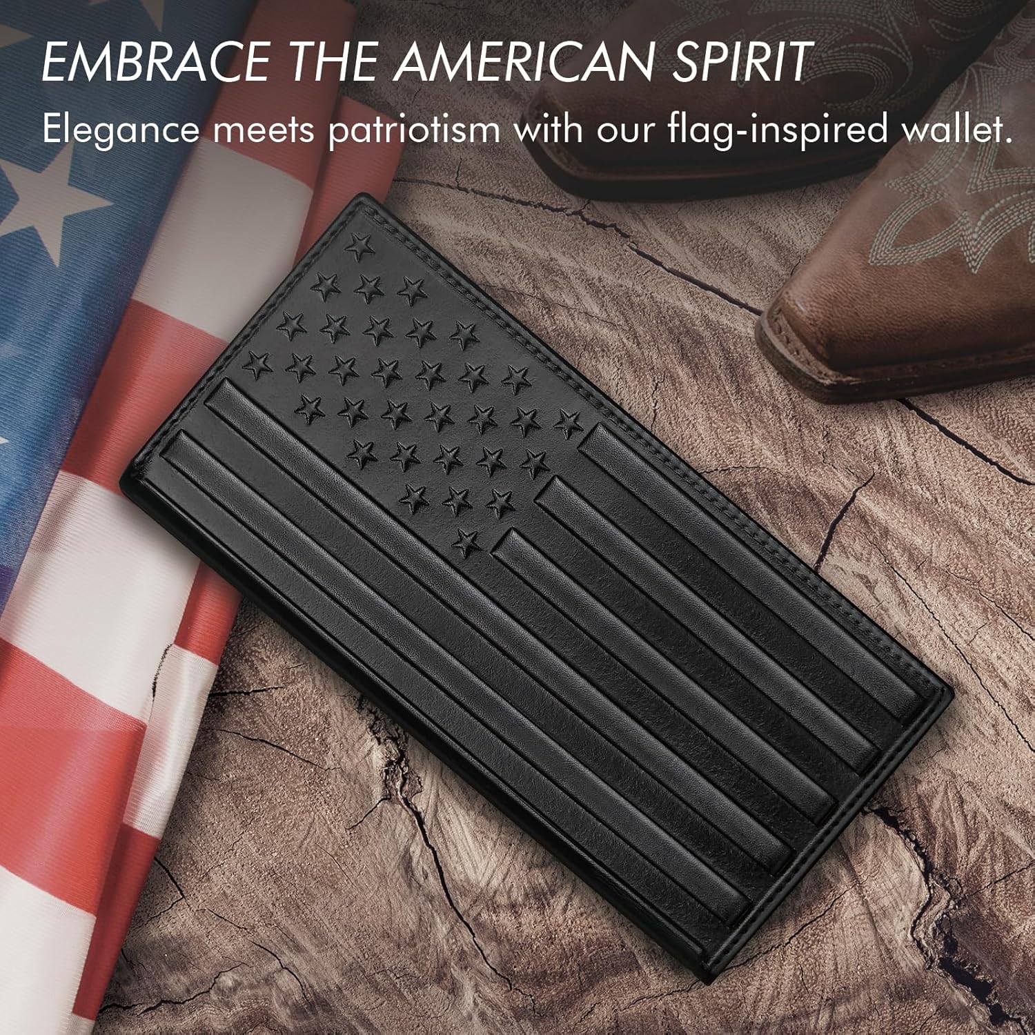 Long Wallet for Men Leather, Mens Checkbook Wallet Rodeo, Large Western Cowboy Wallet Bifold, RFID Blocking, Gift for Men (American Flag, Black) - Image 7