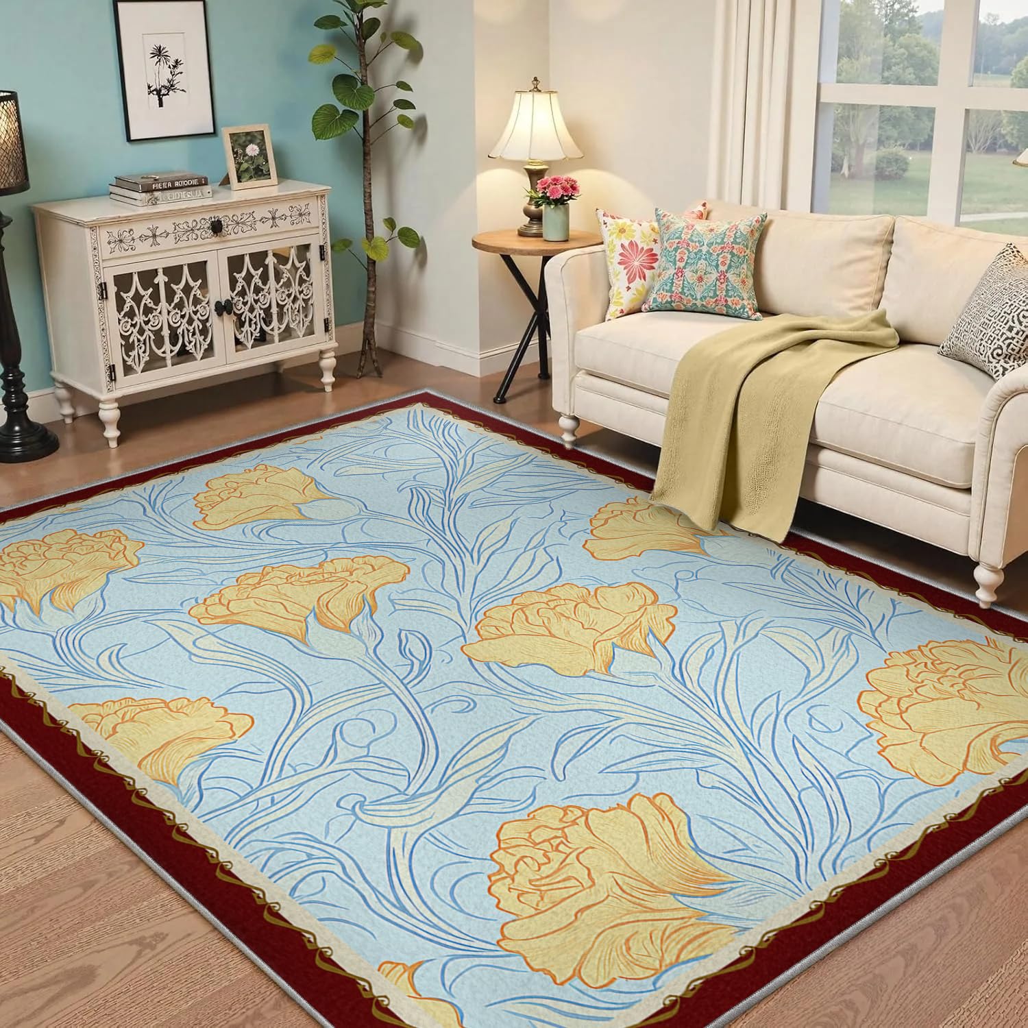 Rugs salon à feuilles bleues 120x160 cm : tapis fin et doux pour nursery