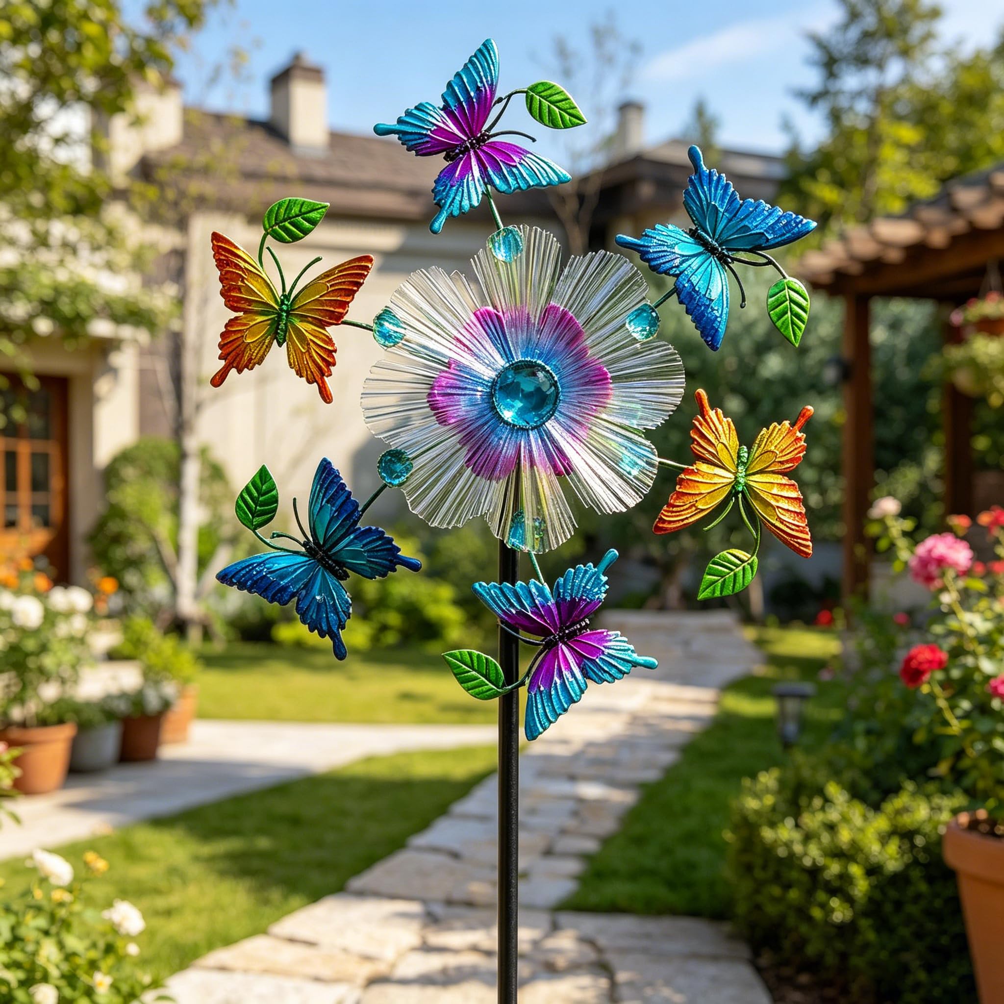 Girandole a vento da giardino a forma di farfalla, 111,8 cm, in metallo, con paletti cinetici, decorazioni artistiche per patio, prato e giardino