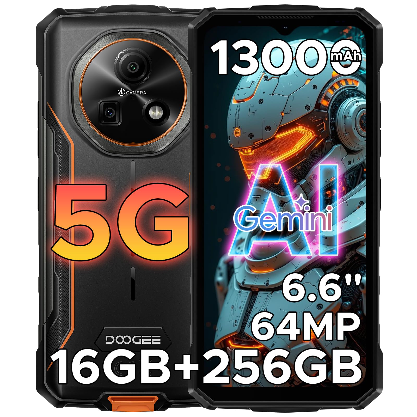 DOOGEE Fire 7 Rugged Smartphone 5G Android 15, 16GB+256GB/2TB Telefono Cellulare, 13000mAh Telefono Indistruttibile, Gemini AI 64MP+16MP Rugged Phone, MTK 6300 Octa Core/Dual SIM/NFC/GPS/IP68/BT5.2