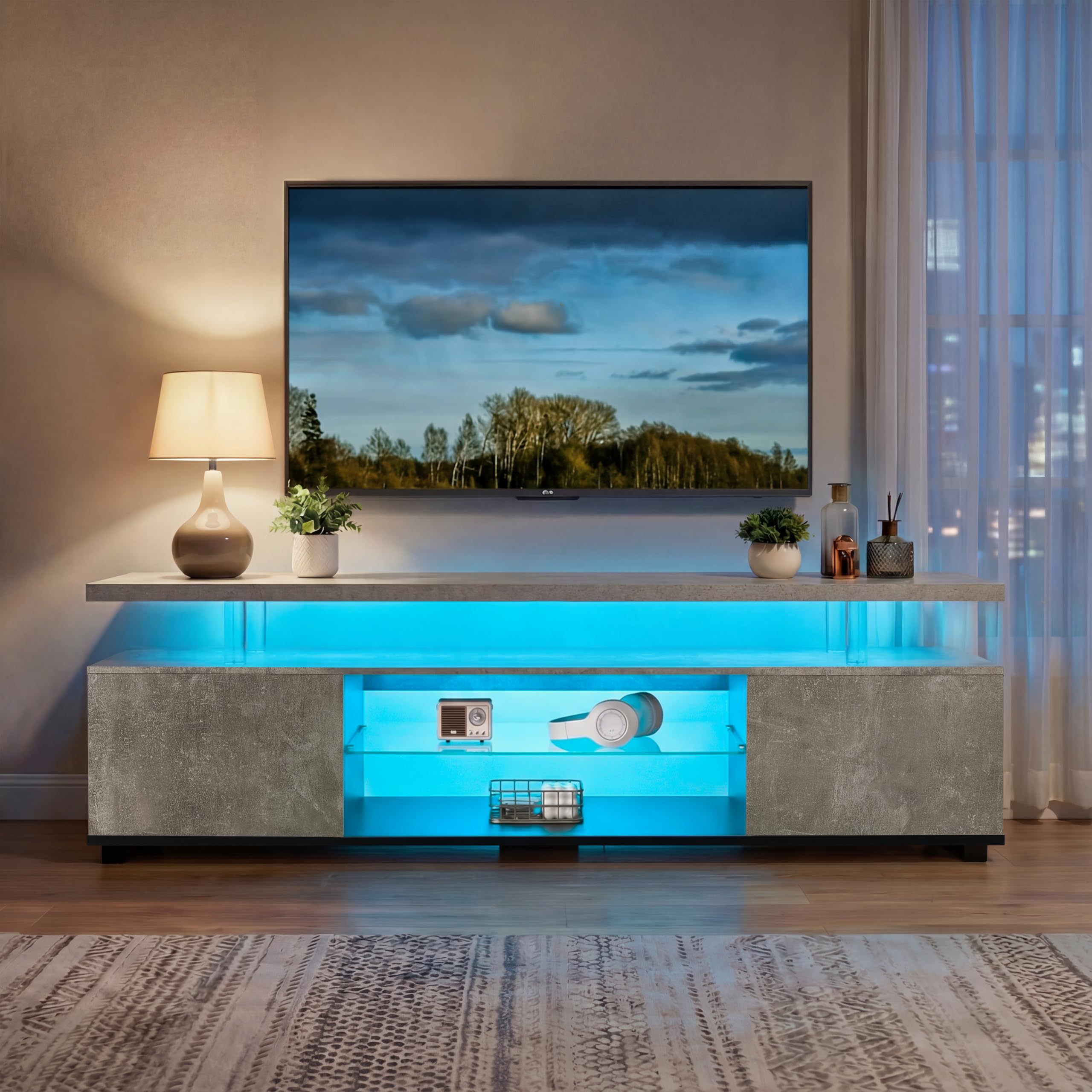 Mueble bajo para TV con LED multicolor y 3 compartimentos de almacenamiento