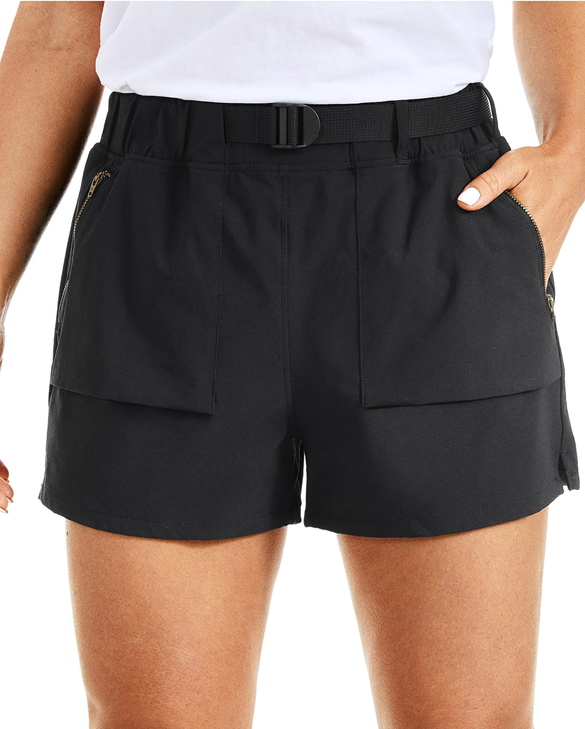 CRZ YOGA Women's Waterproof Stretch Hiking Shorts Mid Rise Summer for Outdoor Golf Workout with Zip Pockets Belt - 3''