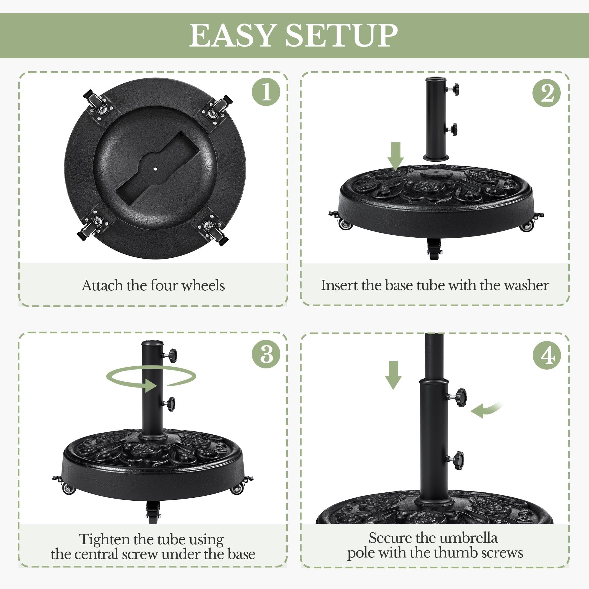 Yaheetech 25 kg Garden Parasol Base with Wheels, Resin Heavy Duty Umbrella Stand Holder, Outdoor Patio Umbrella Base Fits 34/38/48MM Poles with Rose Design Black — view 9