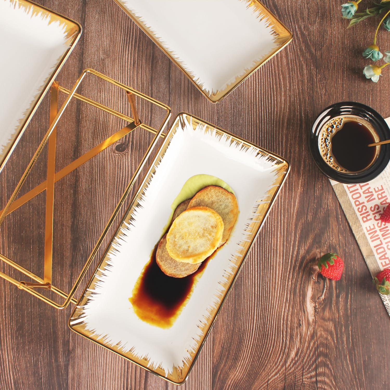 Three-Tier Ceramic Plate Rack - Foldable Gold Plate Rack with Three Large 11.4-inch White Plates for displaying Food, Fruit, Desserts, and Entertaining Guests.