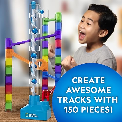 Miniatura 4 de National Geographic Marble Run con elevador motorizado, kit de laberinto de mármol de 150 piezas con elevación en espiral motorizado, 30 canicas,