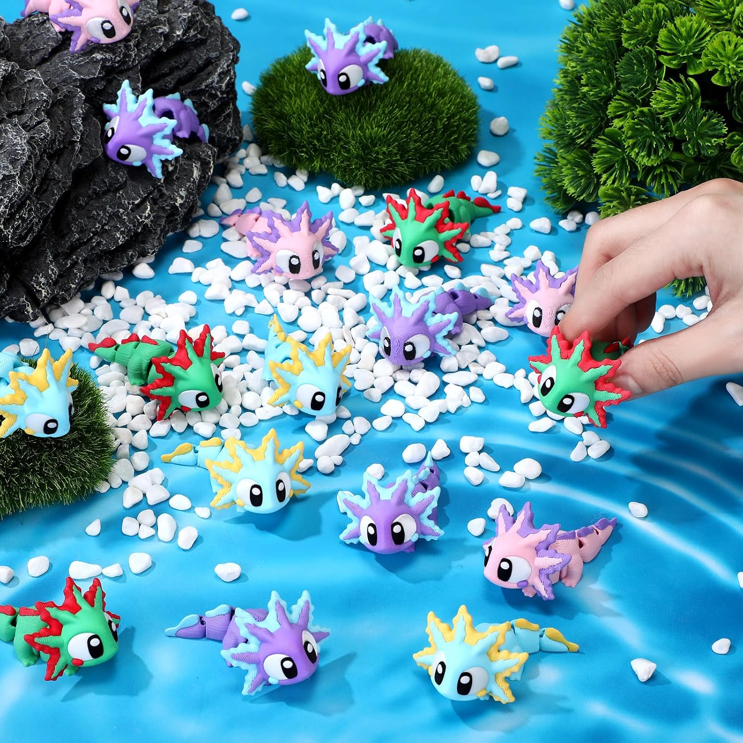 Soulchen 12 Pcs 3D Printed Axolotl Mini Animals Bulks 3D Printed Fidgets Figures Flexible Tails Axolotl Party Favors Birthday Gifts Party Supplies Desk Home Decor