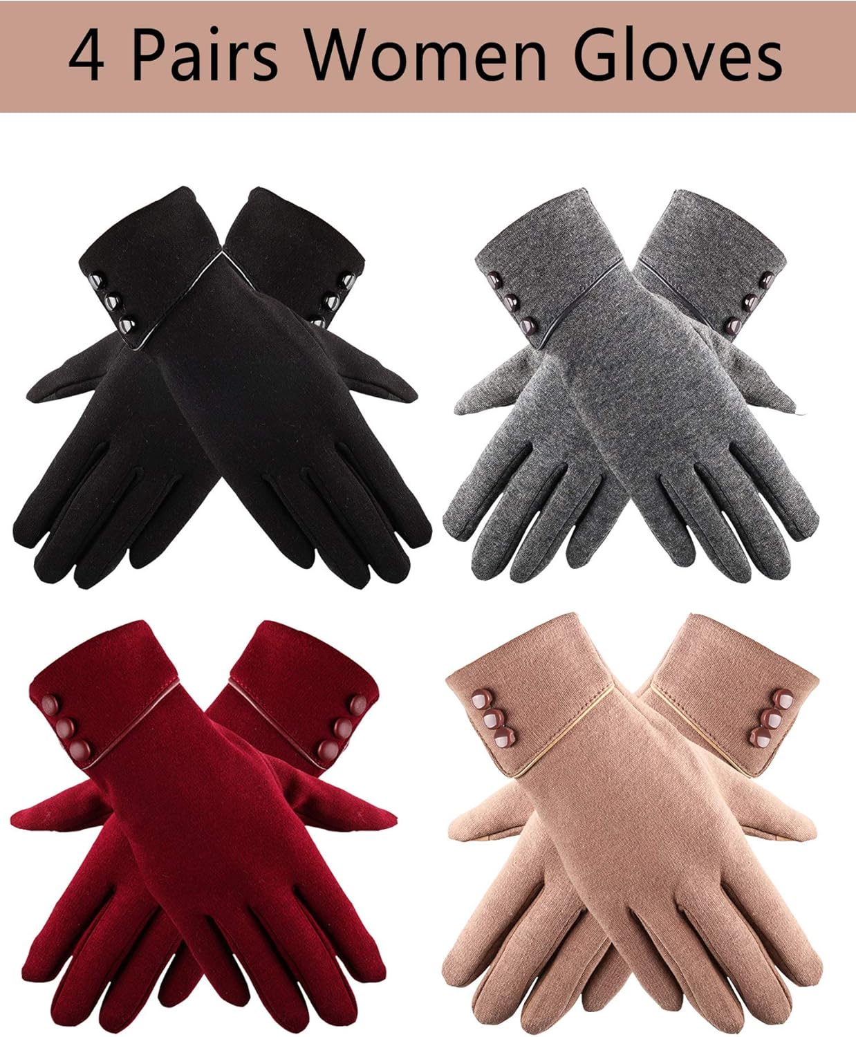 SATINIOR 4 Pairs Winter Gloves Women Touch Screen Windproof Gloves Wool Warm Fleece Lined for Cold Weather - Image 2