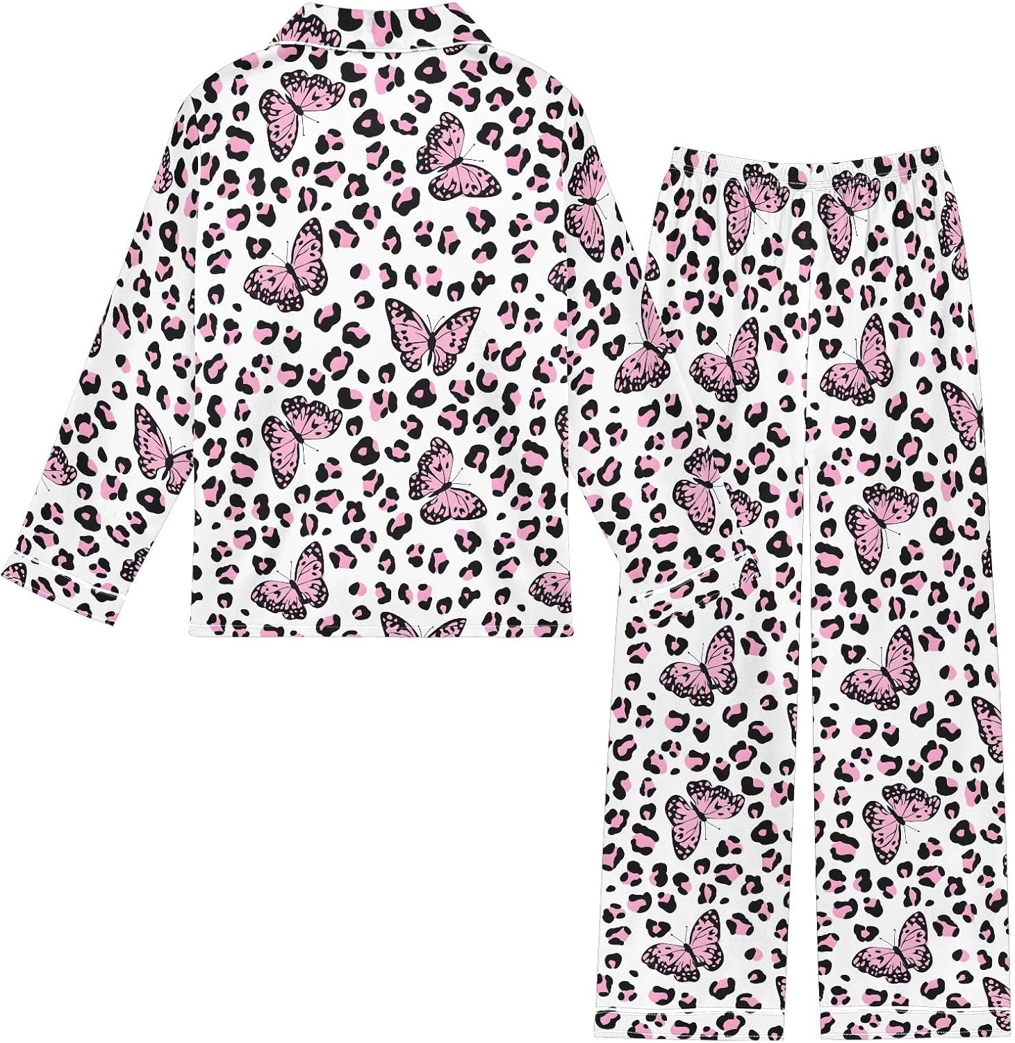 Kids Casual Satin Wear Set Pink Leopard Butterfly Pattern Unisex Relaxed Fit Clothing