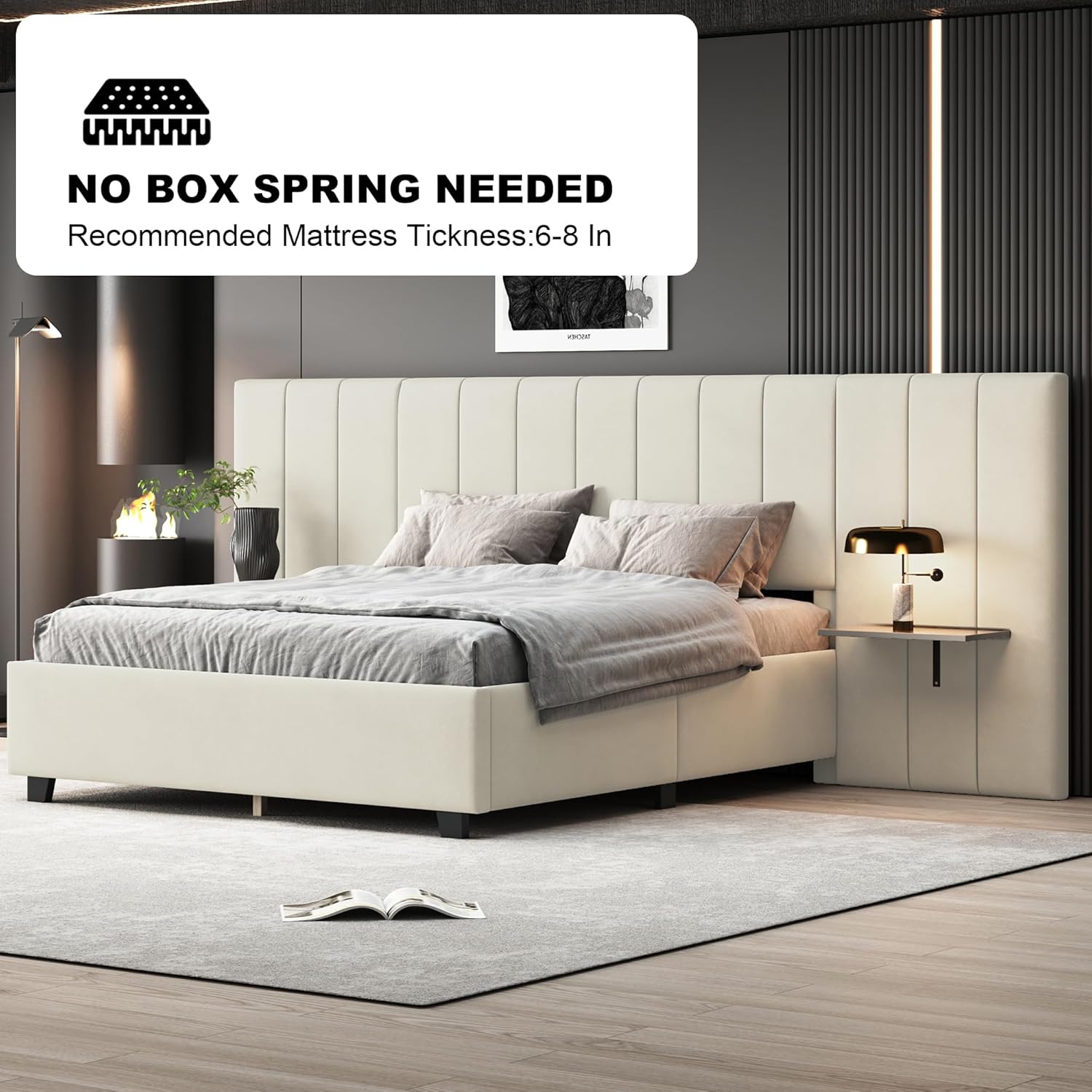 Queen Size Bed Frame with Oversized Soft Headboard and 2 Shelves, Velvet Upholstered Platform Bed, Luxury Bed Frame with Sturdy Wooden Slats, No Box Spring Needed, Easy Assembly, Beige
