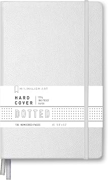 Minimalism Art, Premium Hard Cover Notebook Journal, Medium Size, A5 5.8" x 8.3", 186 Numbered Pages, Gusseted Pocket, Ribbon Bookmark, Extra Thick Ink-Proof Paper 120gsm Dotted, White