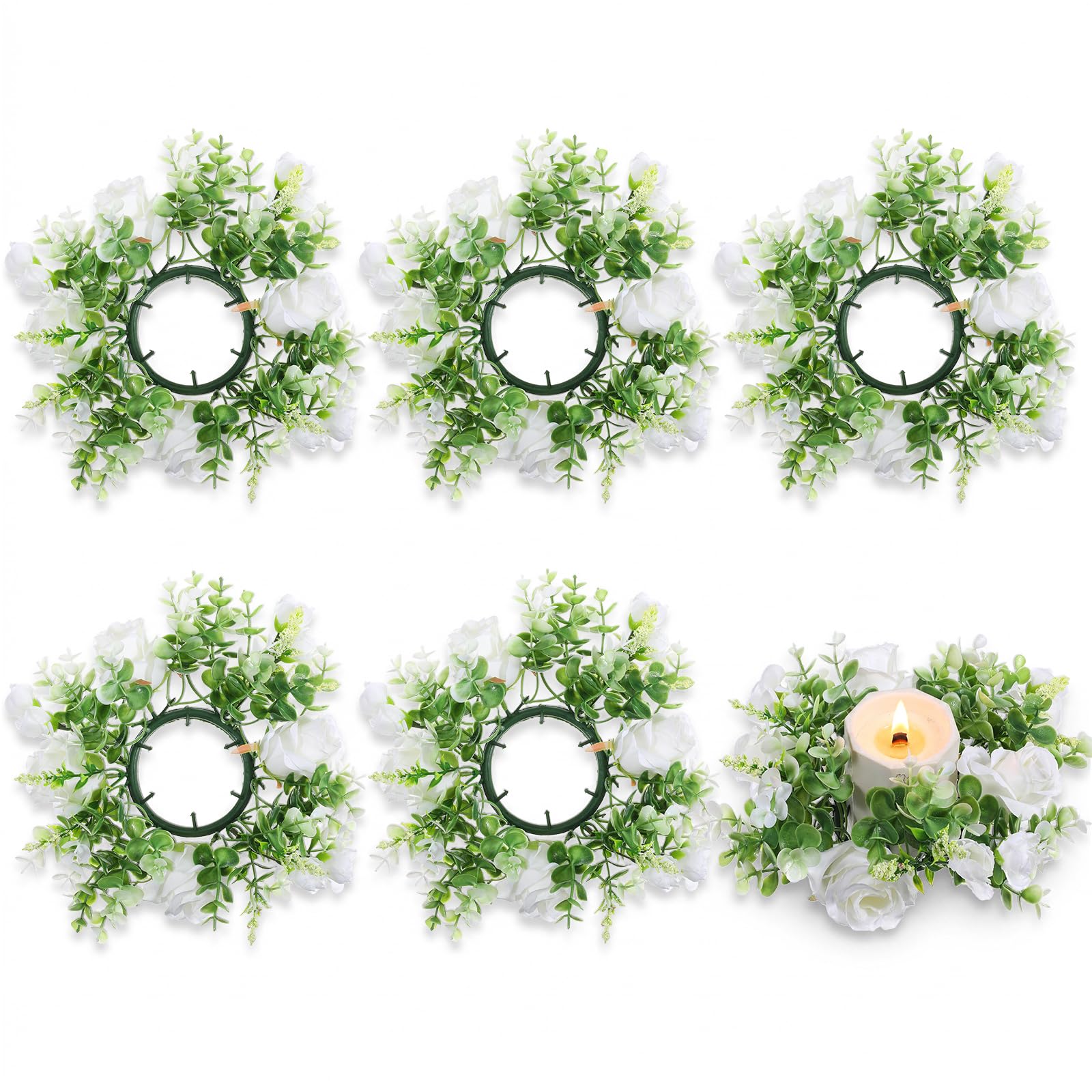 Photo 1 of Leooomap 6 PCS White Rose Flower Candle Rings, 10" Diameter