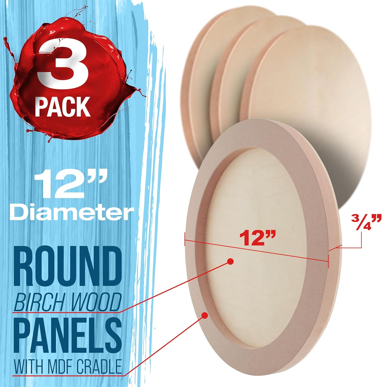 U.S. Art Supply 12" Unfinished Round Birch Wood Panels for Painting, Wooden Canvas 3 Pack of 3/4" Studio Deep, Cradle Boards for Acrylic Pouring, Art, Crafts, Epoxy Resin, Laser Engraving Cutting