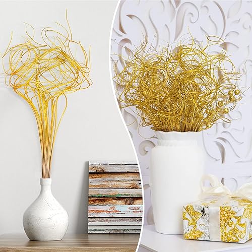 Miniatura 4 de Syhood Jarrón de ramas rizadas de Navidad con 60 tallos de Navidad, con purpurina, para decoración de Navidad, boda, vacaciones y hogar (dorado)