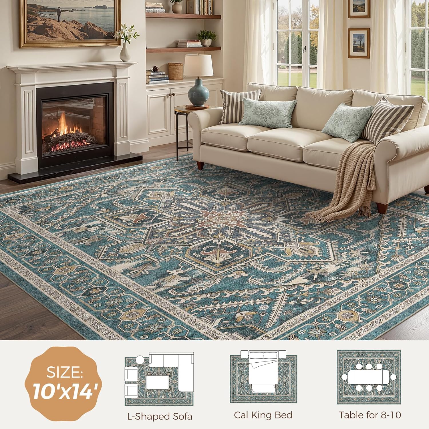 WITSHOCK 10x14 Teal Washable Rugs with 2x3 Brown