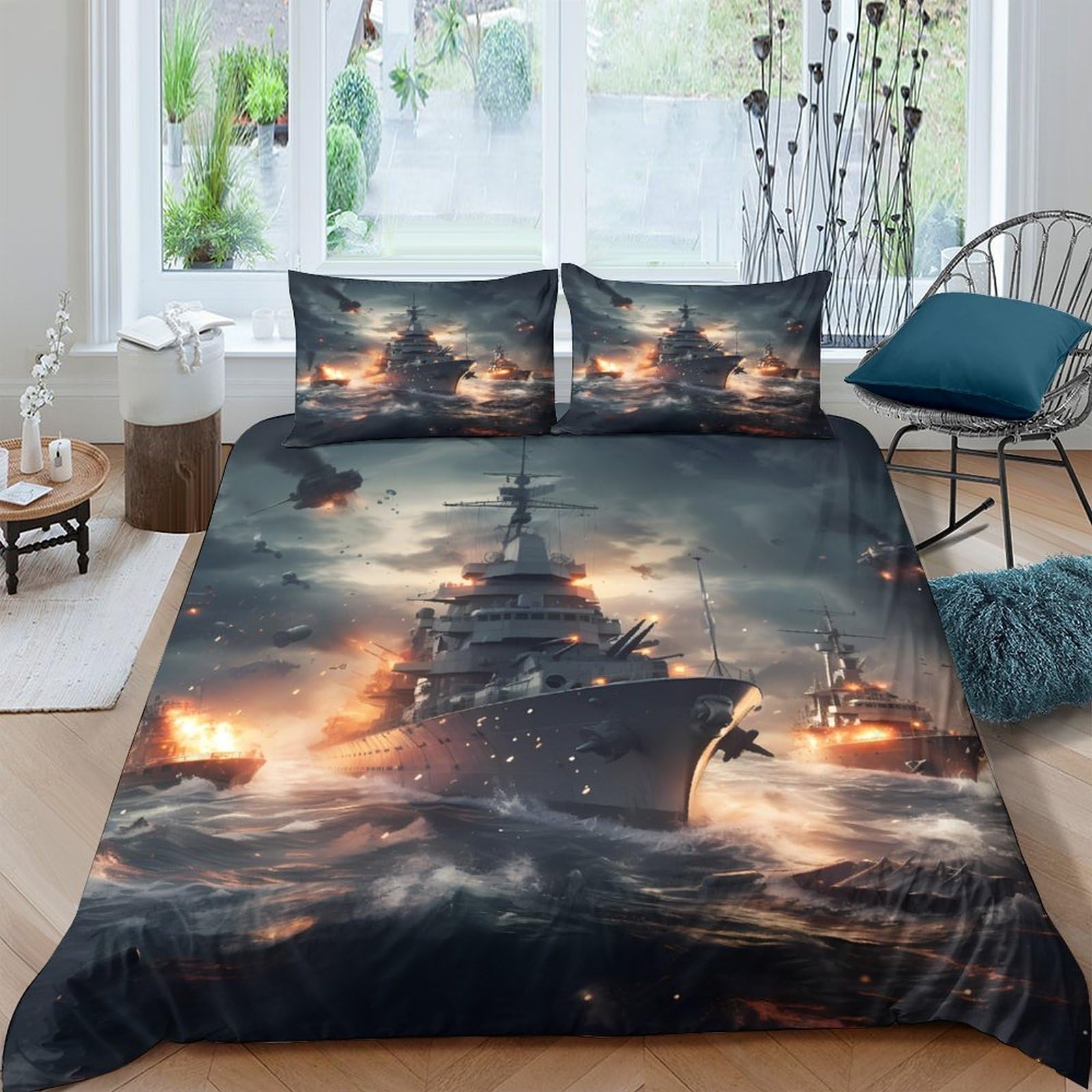 Ctjqhvkz Style-9 3D Printed Battleship Ocean Fitted Sheet Microfiber Soft Navy Warship Bed Cover Anti-Slip Machine Washable Bedroom Decor Single（135X200cm）