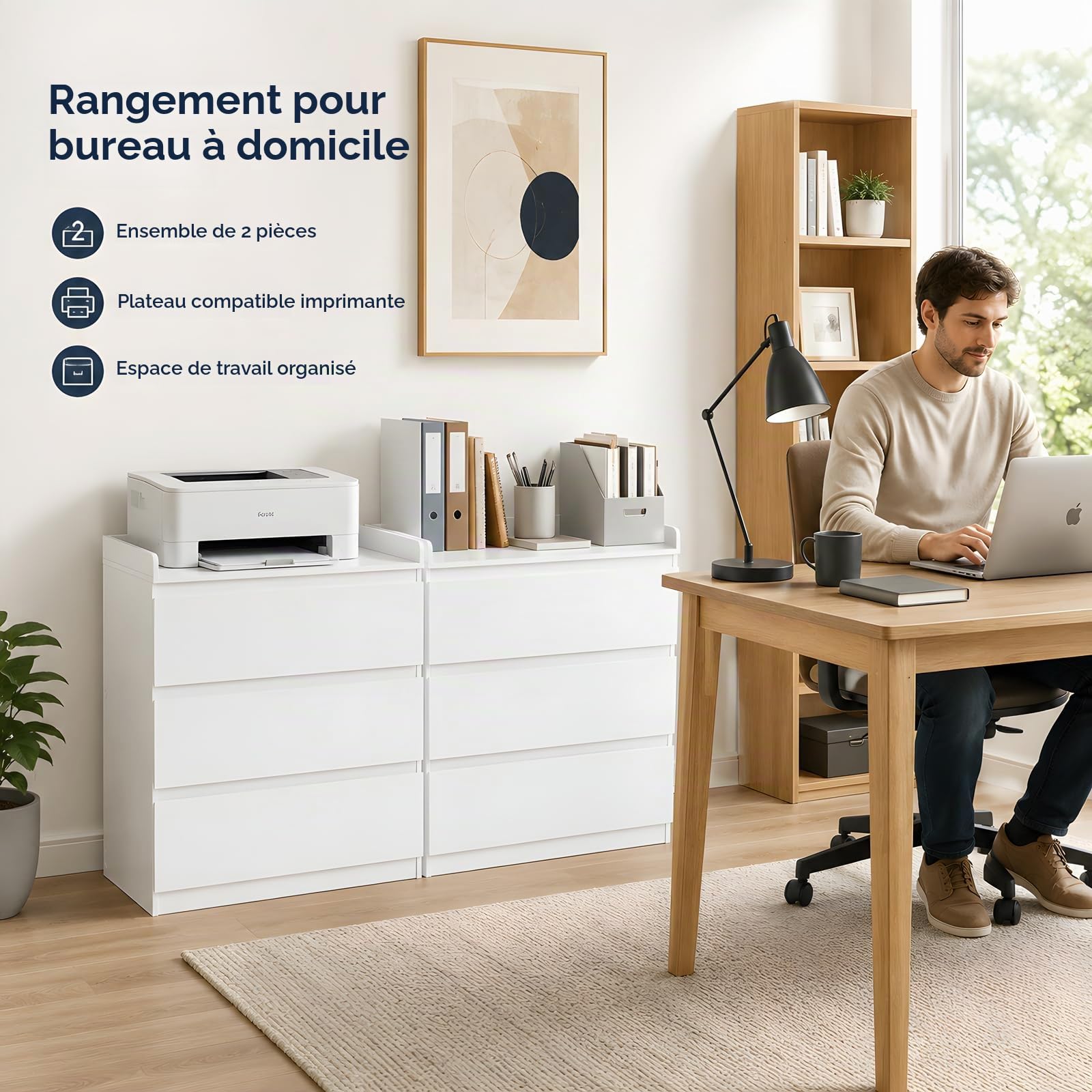 Lot de 2 commodes à langer Blanches, 70 x 40 x 80 cm | 3 tiroirs chacun avec bord surélevé, pour jumeaux, chambre de bébé, chambre à coucher, salon