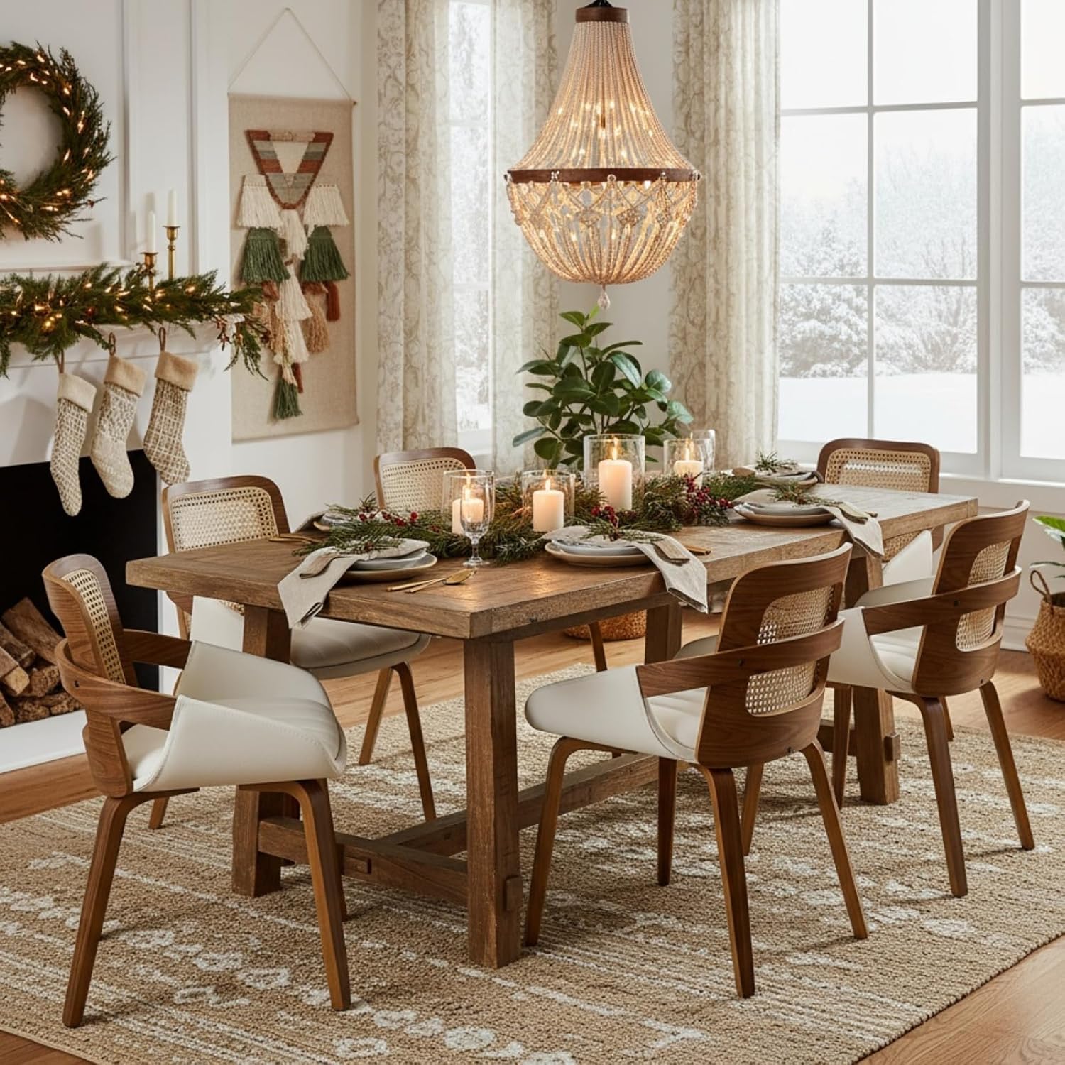 Rattan Dining Chairs Set of 6, Modern Cane Chairs with Woven Back & Wooden Legs, Upholstered PU Kitchen & Dining Room Chairs Set for Dinner Kitchen Restaurant (White PU)
