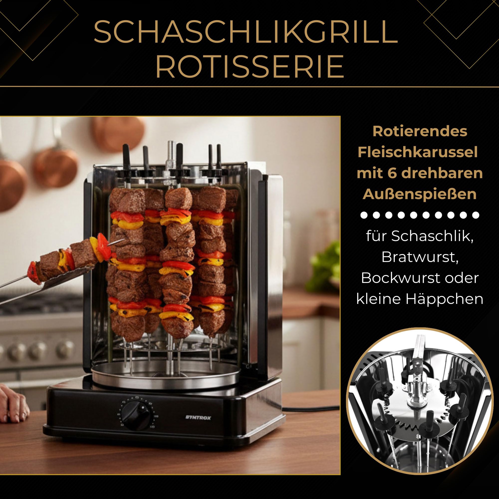 Syntrox Germany Dönergrill mit drehbaren Außenspießen und 120 Minuten Timer Schwarz