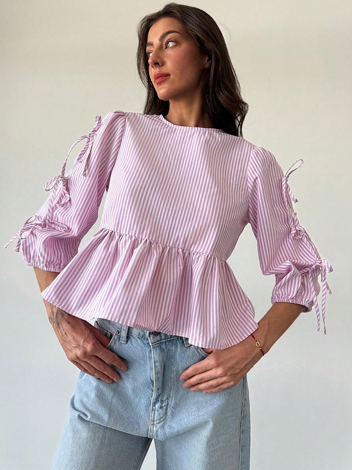 Women's Classic-Fit Shirt Round Neck Short Sleeve Striped Blouse