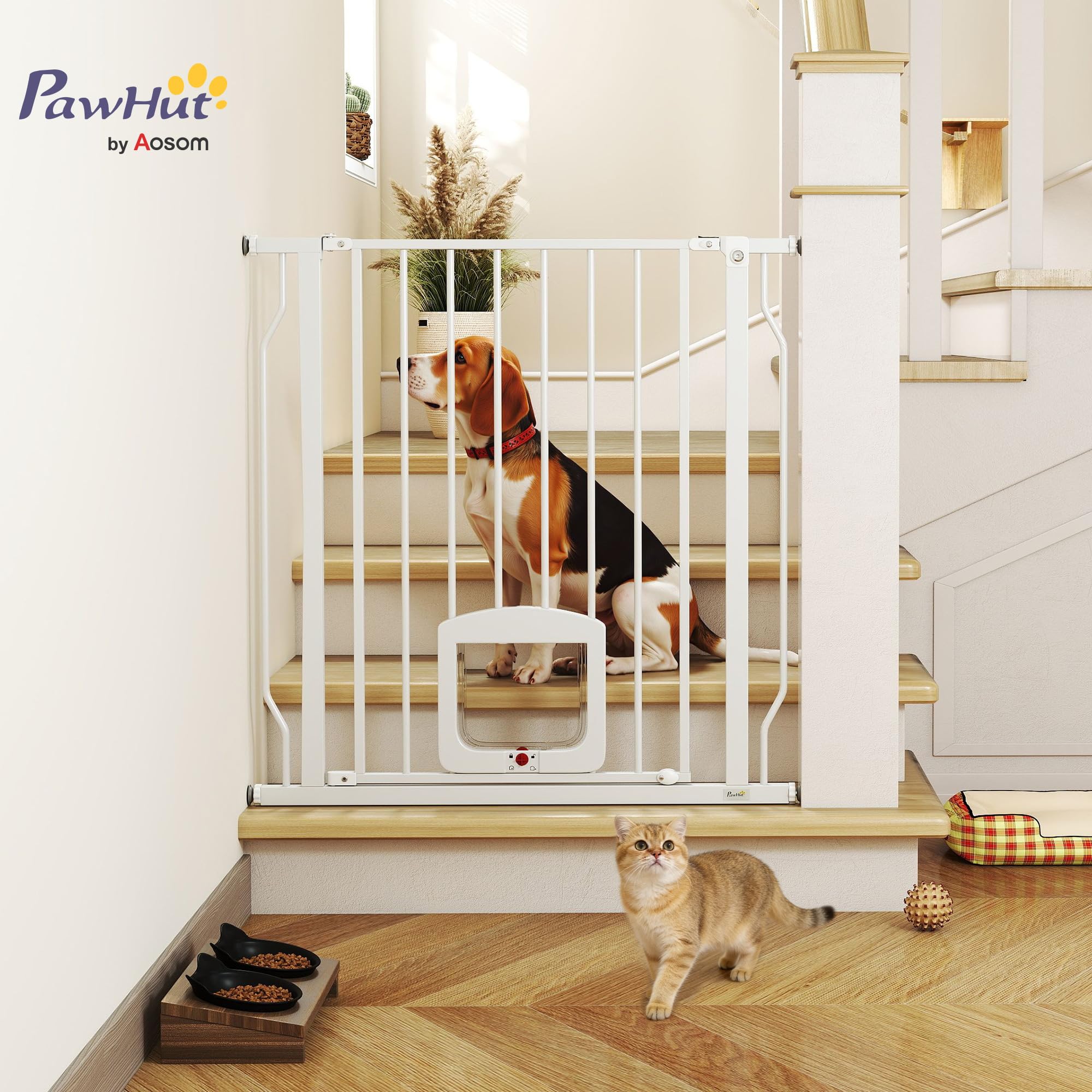 PawHut Barrera de Seguridad para Perros Extensible Puertas 75-85 cm Blanco | Para Escaleras, Barrera para Perros con Puerta Pequeña, Montaje a Presión, Doble Bloqueo