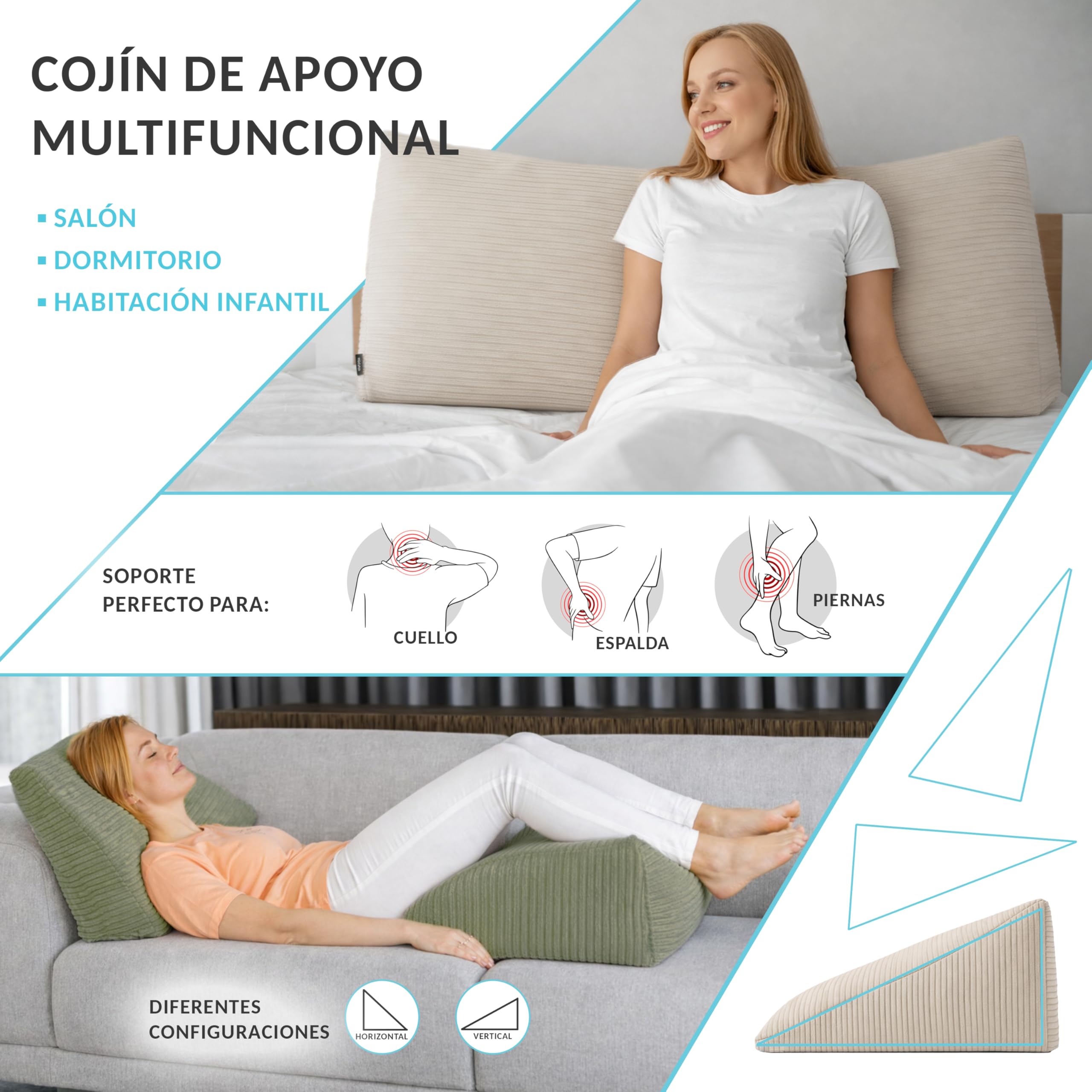 POKAR Almohada Lectura Cuña 160x50x20 cm | Cojín Respaldo para Cama y Sofá con Apoyo Espalda | Cojín Lumbar con Funda de Pana Suave y Bolsillos Laterales | Certificado Öko Tex | Caqui