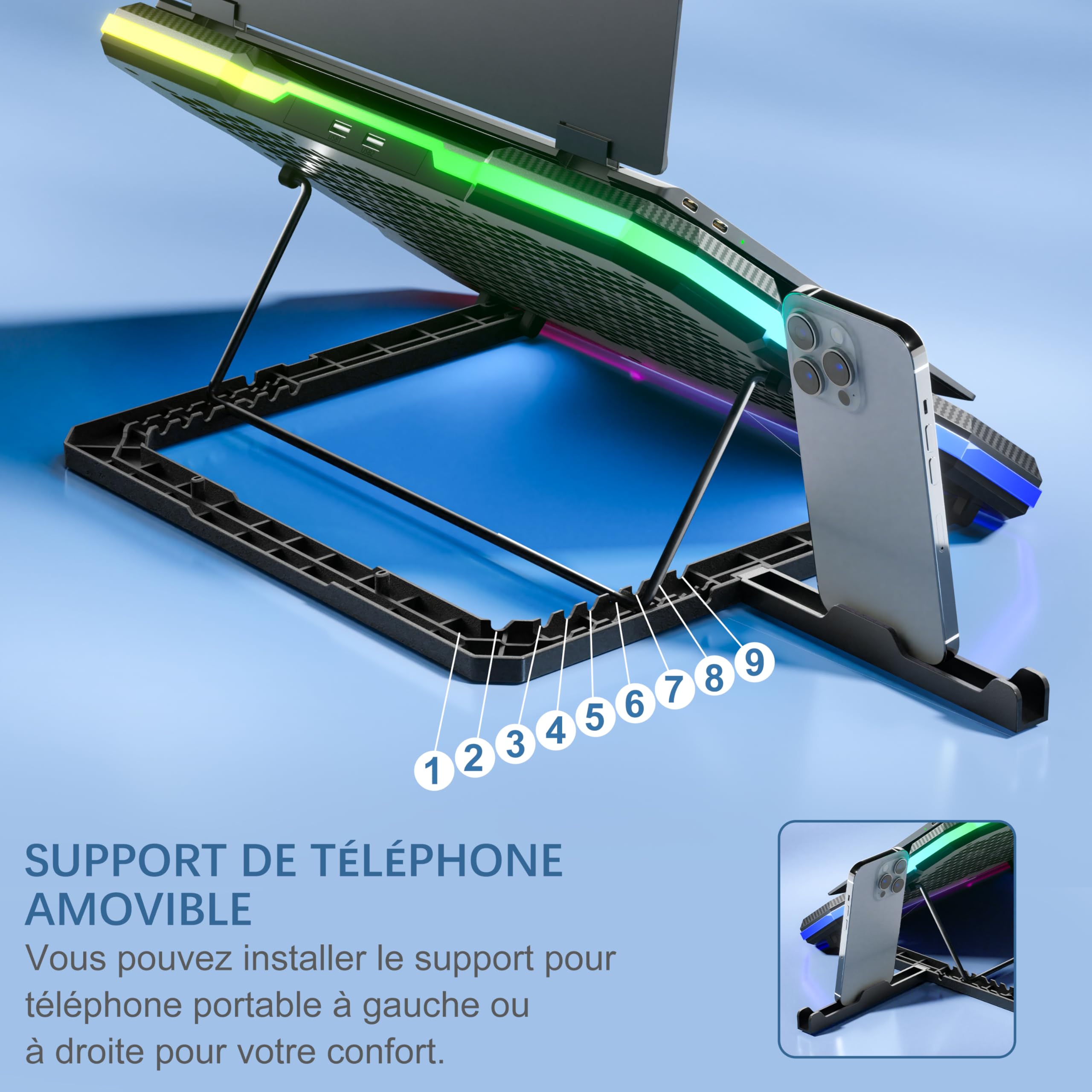 Support Refroidisseur pour Ordinateur Portable 6 Vitesses Réglables | avec 9 Ventilateurs Silencieux Compatible 14-19 Pouces, 10 Modes D'éclairage RVB, 2 Ports USB Et Support pour Téléphone