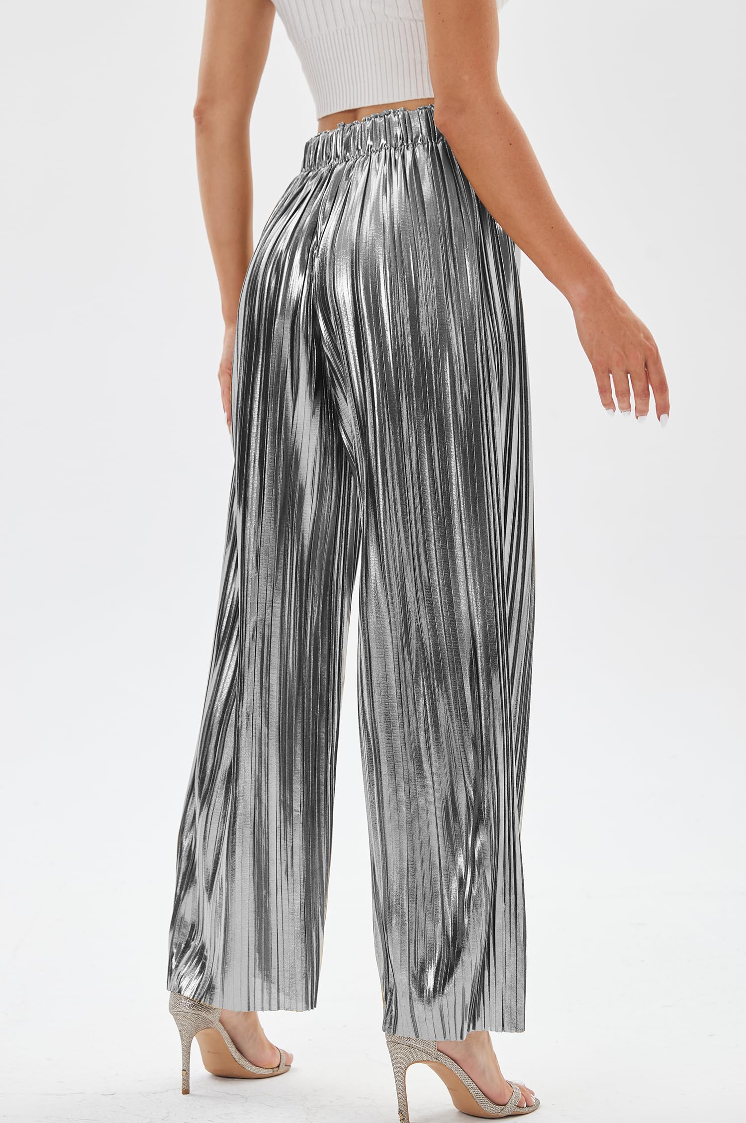 Fakanhui Pantalon Palazzo métallique à jambes larges pour femme, doré, argenté, décontracté, robe de soirée, soirée