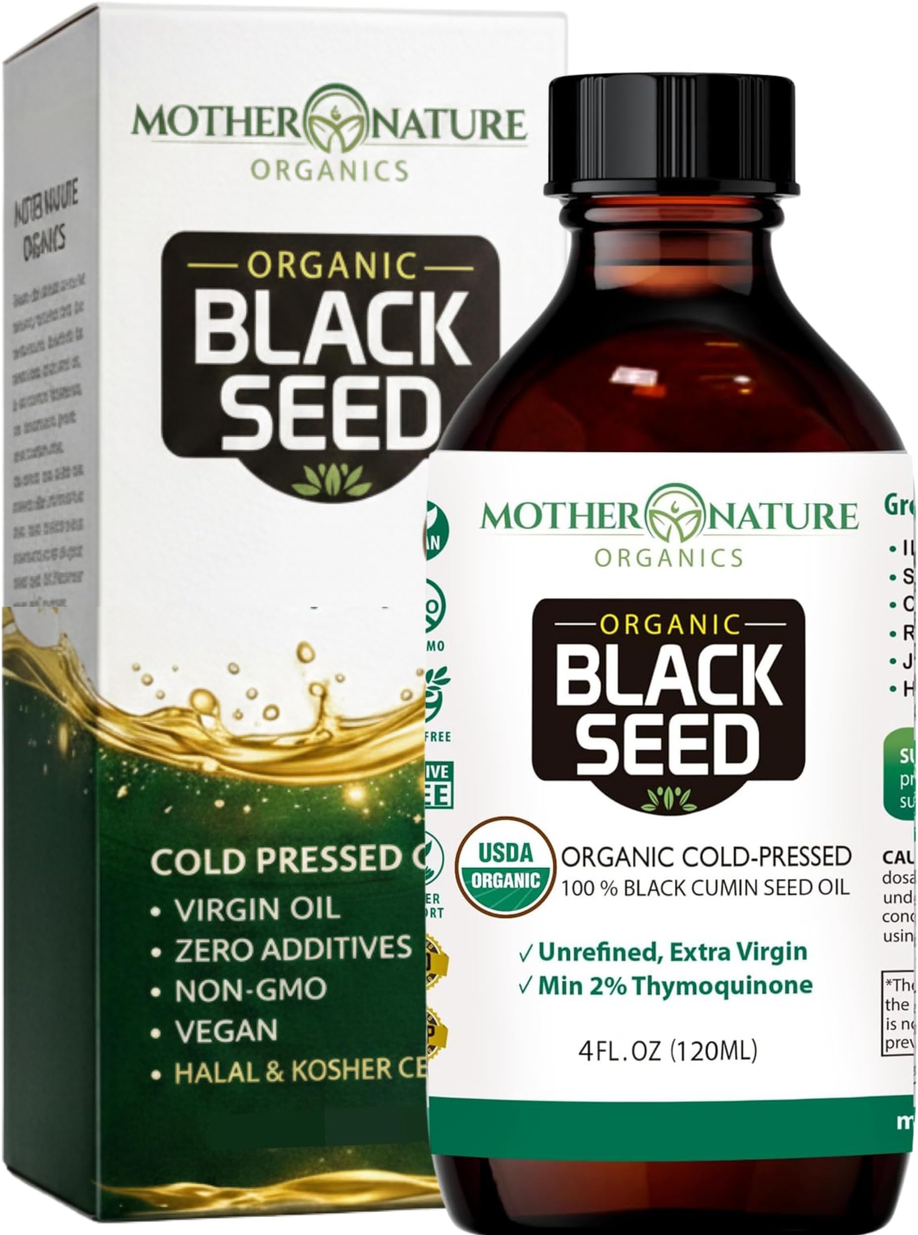 Mother Nature USDA Organic Black Seed Oil – Cold Pressed, Unrefined & Vegan Nigella Sativa, High Thymoquinone (2%+), Omega 3 6 9 for Immune, Joint & Heart Support, Hair & Skin, Non-GMO, 4oz