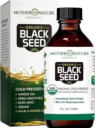 Mother Nature Aceite orgánico de semillas negras USDA – prensado en frío, sin refinar y vegano, Nigella sativa alta en timoquinona (2%+), Omega 3 6
