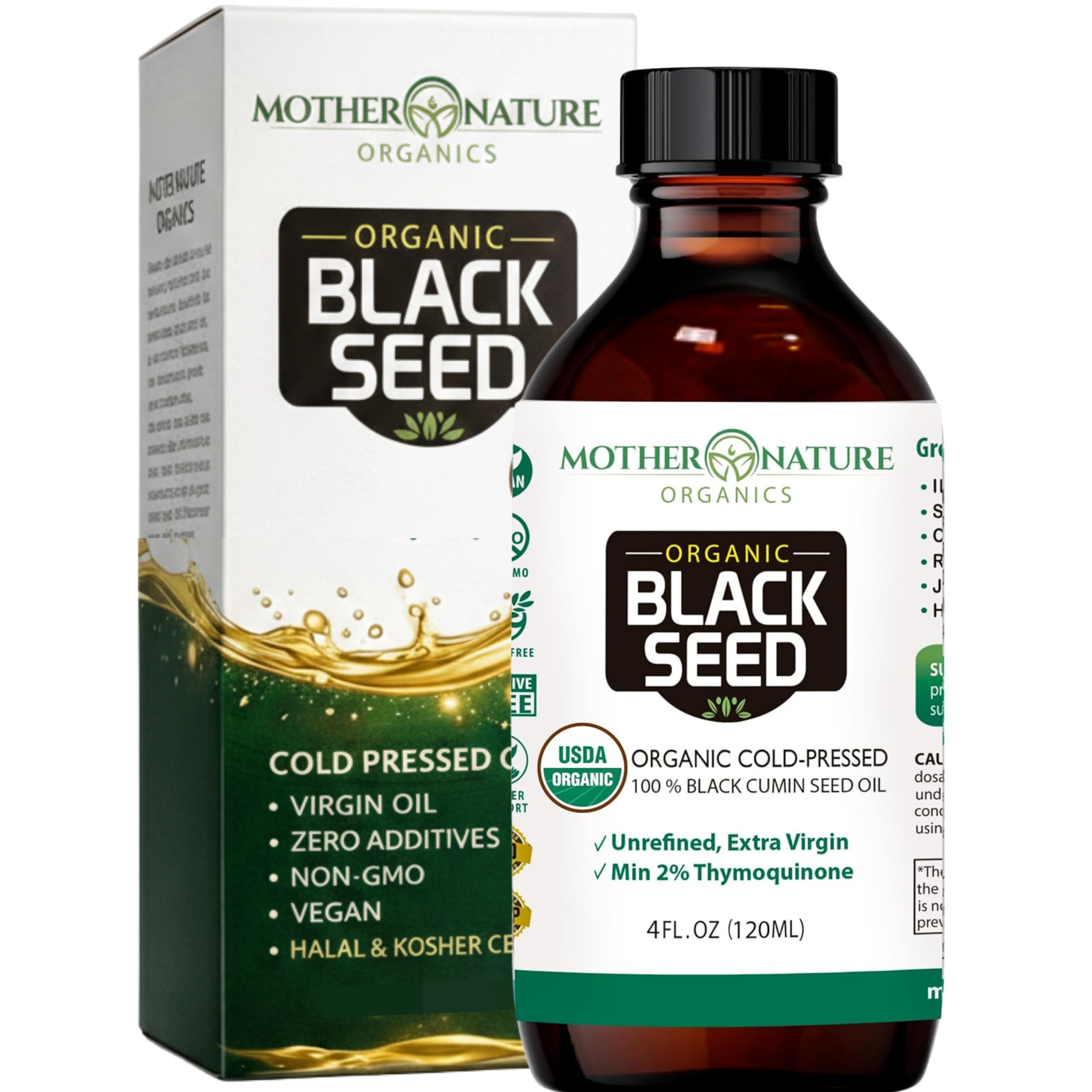 USDA Organic Black Seed Oil (4oz Glass Bottle) TQ min 1.5%, Premium Cold Pressed, Non-GMO, Unrefined, Vegan Nigella Sativa Oil High Potency Aids in Immune Support, Brain Function, Joint Mobility