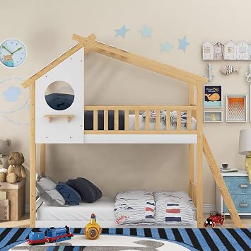 SOFTSEA Twin Over Twin Bunk Bed for Kids, House Bunk Bed Low Profile with Roof and Window No Box Spring Needed Natural