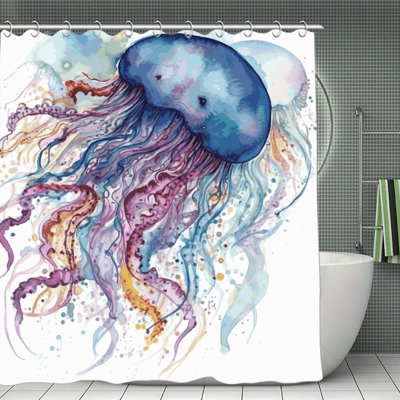 QMNLKH Watercolor Jellyfish Shower Curtain with Hooks, Waterproof Bath Curtains for Bathroom, Lightweight Bath Curtains Liner for Hotel, Personalized Bath Curtain for Spa, 70.8 Inch