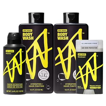 W by Jake Paul Mens Grooming Bundle Body Spray, Exfoliating Body Wash & Aluminum Free Antiperspirant, Odor Blocking, Vitamin-Infused, Deep Woods Scent