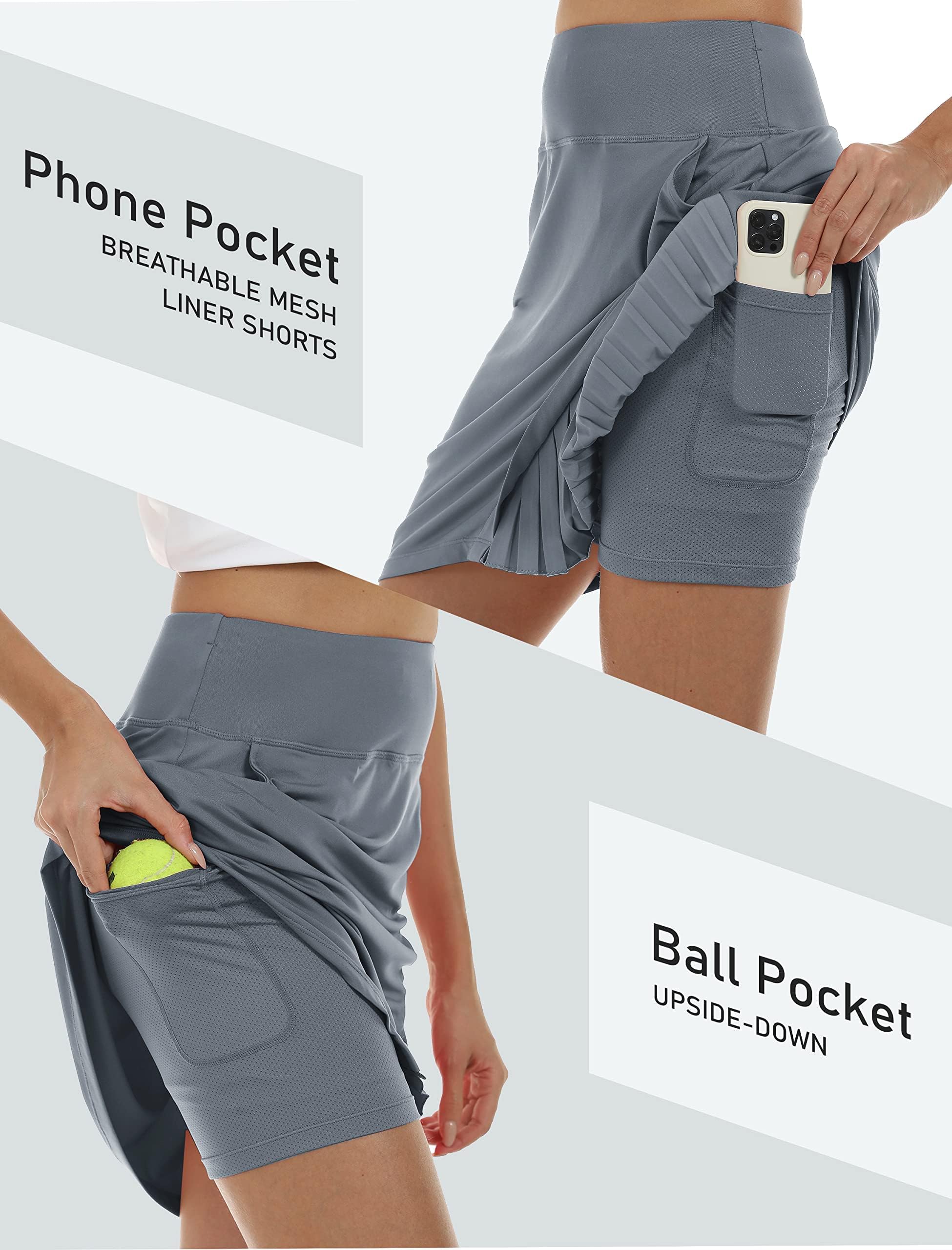 MoFiz Damen Tennisrock Sportlicher mit Shorts Taschen Sommer SkirtRock mit Tunnelzug GrauX L
