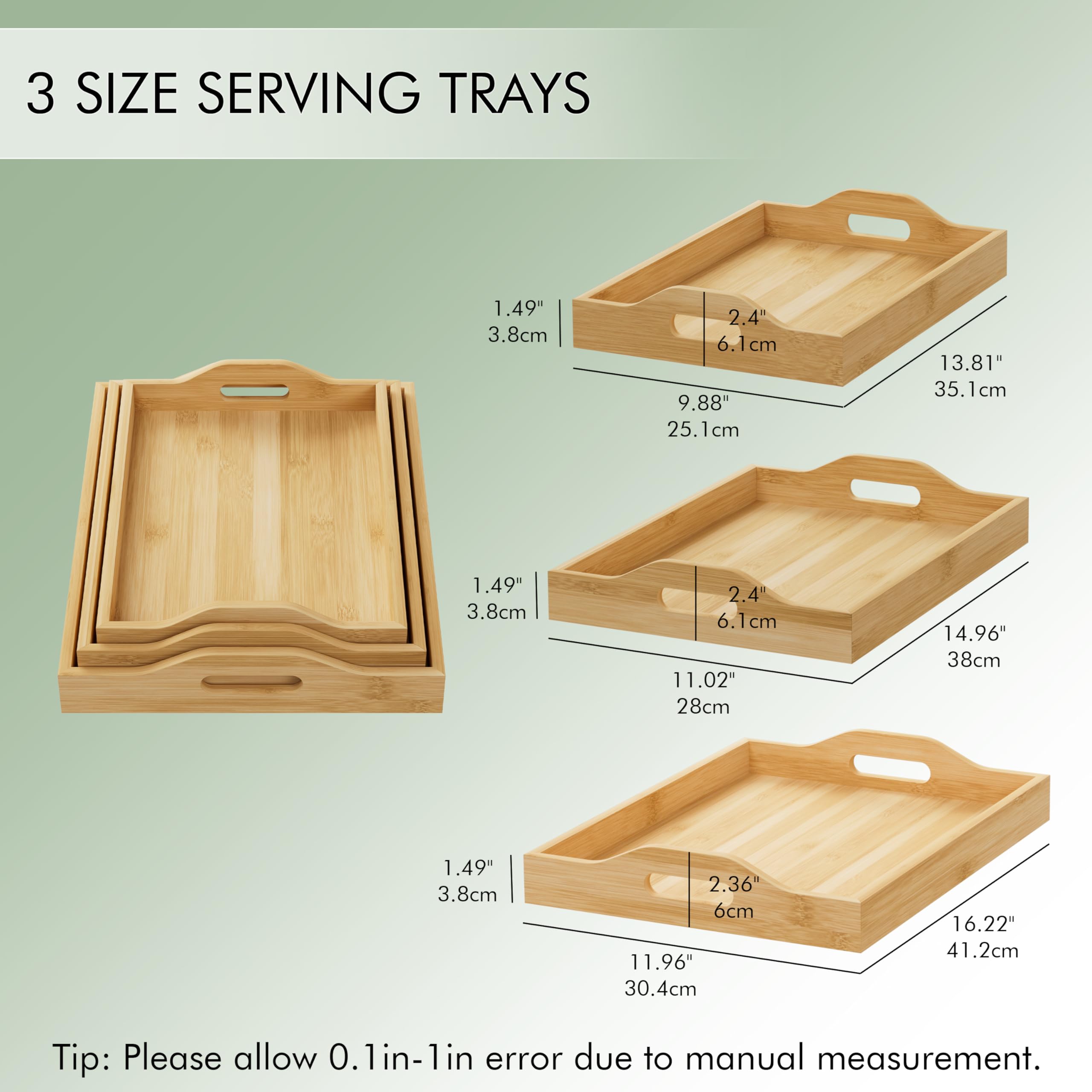 Paquete de 3 bandejas de servir con asas, bandeja rectangular anidable de 3 tamaños, bandejas de servir fáciles de llevar, bandejas de bambú duraderas para servir alimentos, fiestas, cocina, organizar