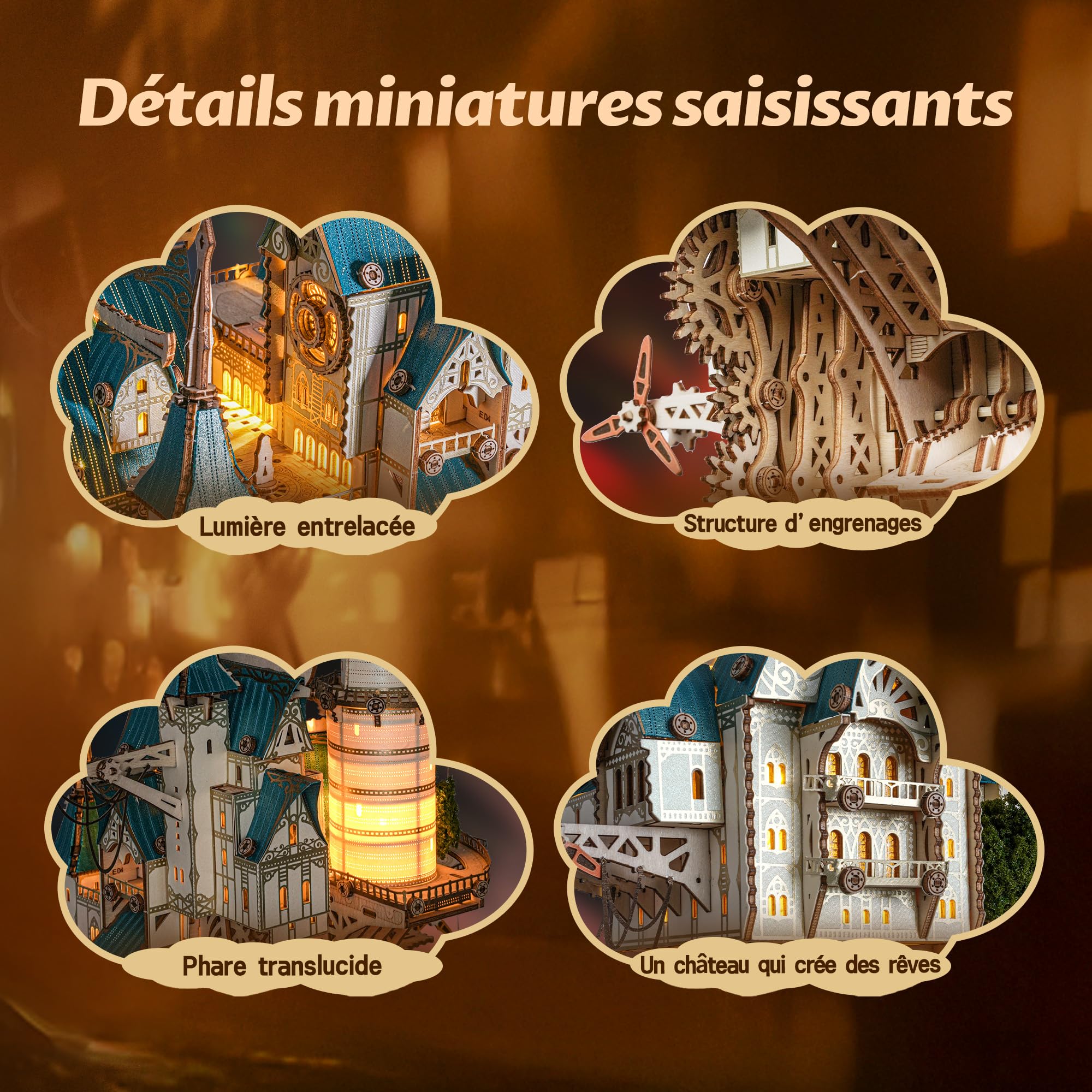 FUNPOLA Puzzle 3D en Bois Château à Vapeur – Kit de Construction château Flottant Steampunk Baroque avec Engrenages mécaniques, Cadeau Unique pour Adultes et Adolescents